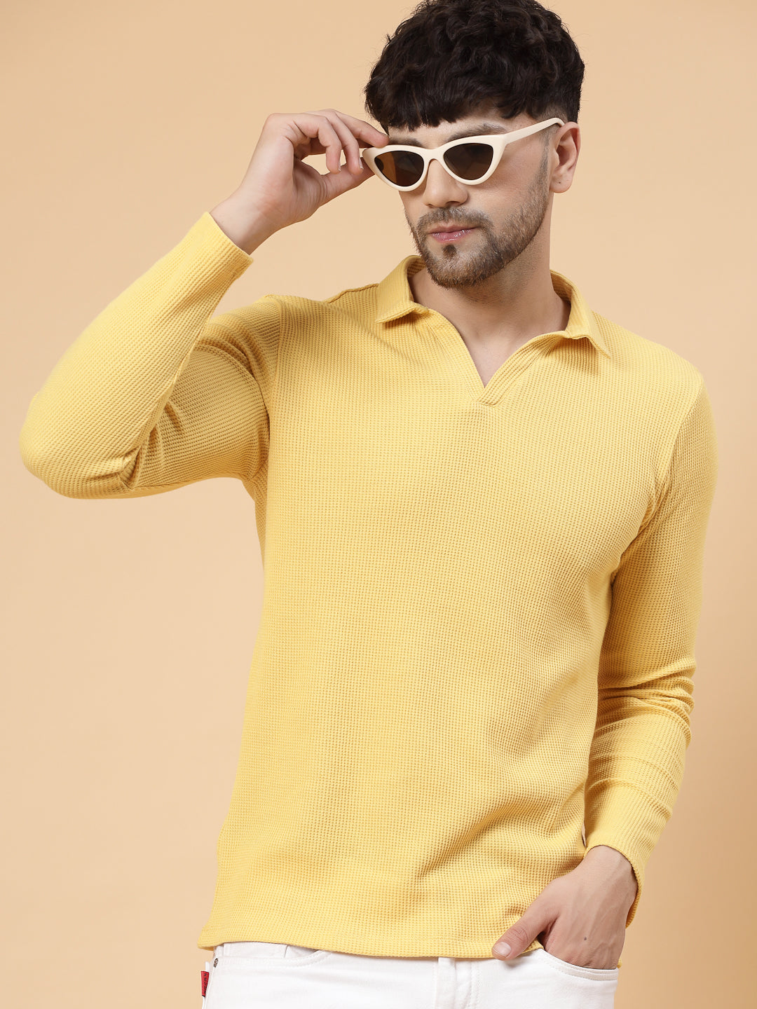 Men Yellow Waffle Knit T-shirt