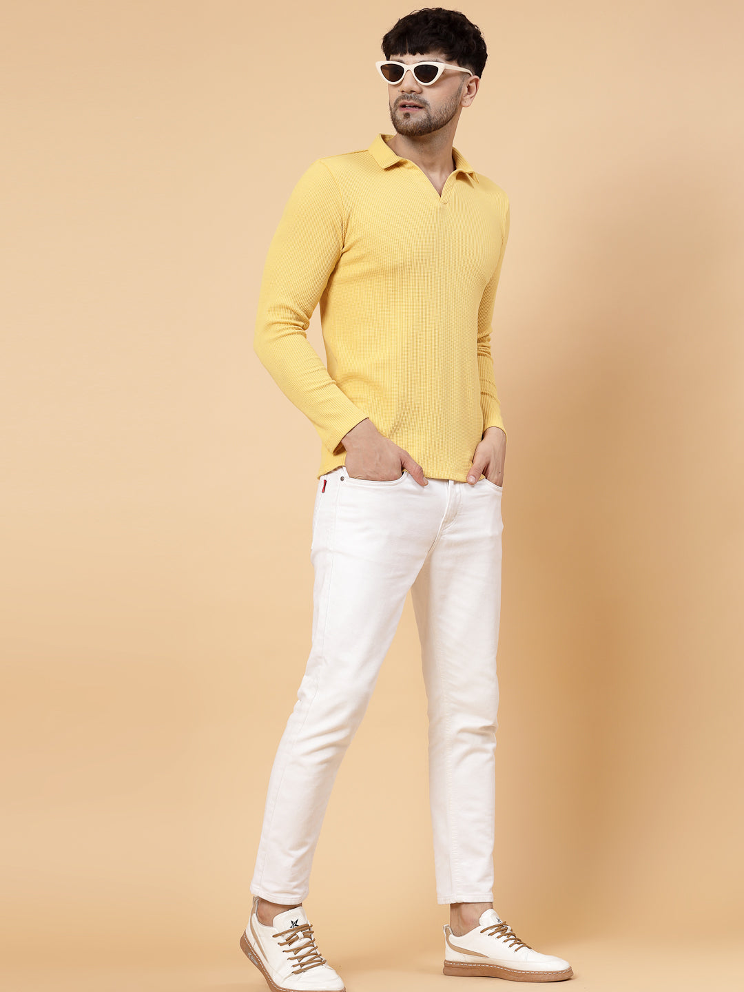 Men Yellow Waffle Knit T-shirt