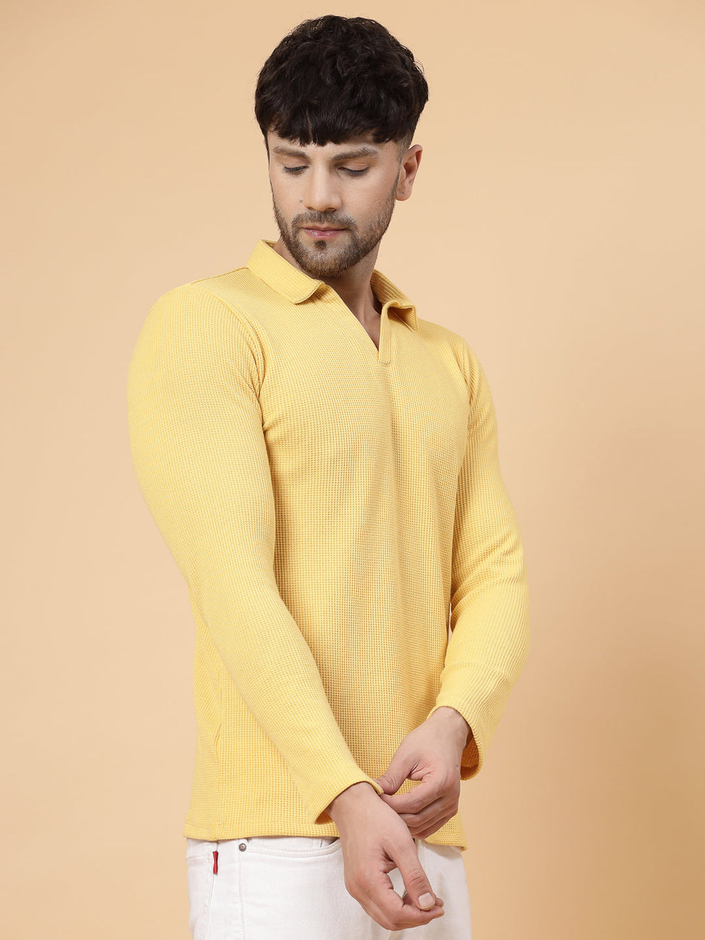 Men Yellow Waffle Knit T-shirt