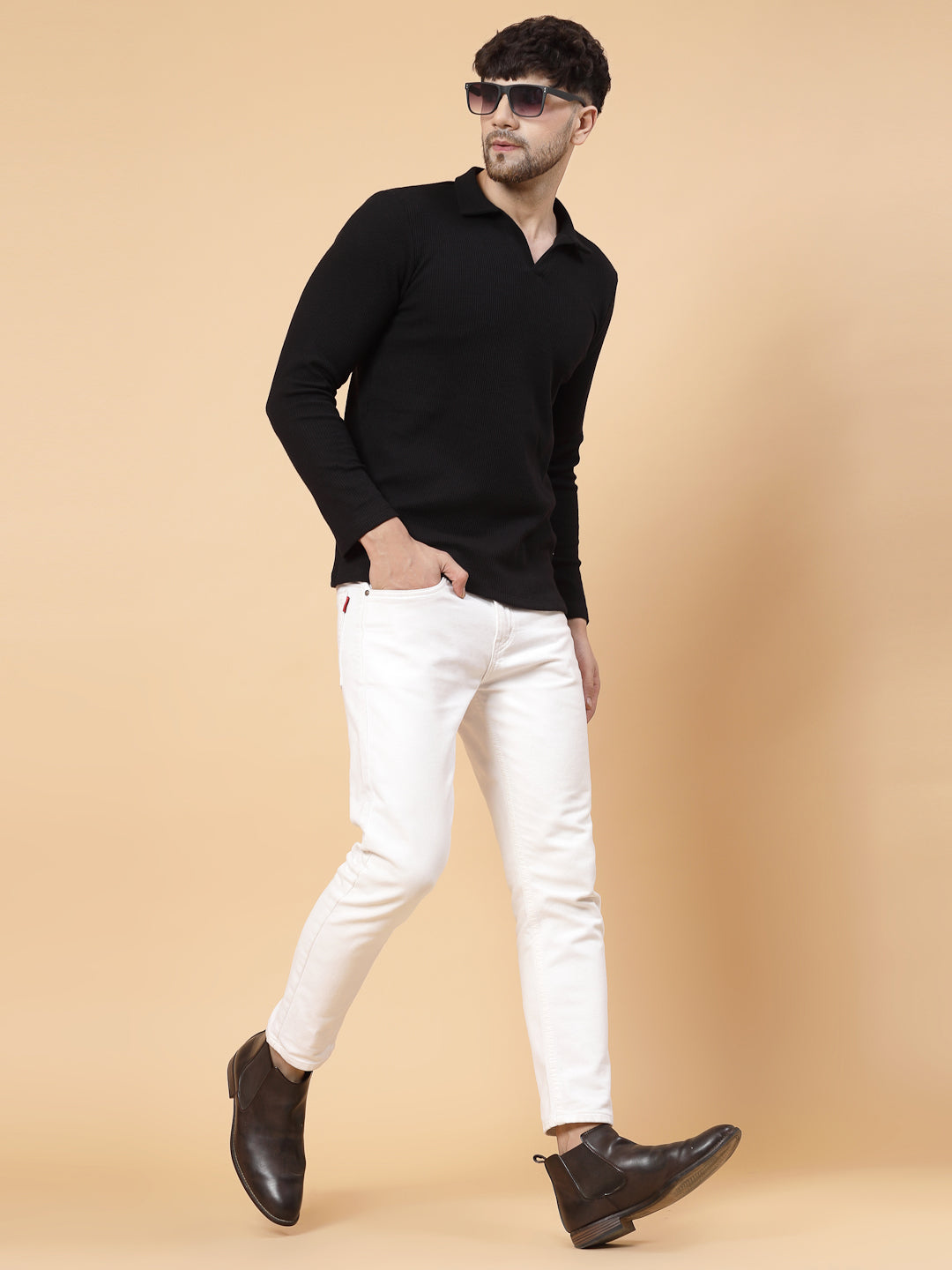 Men Black Waffle Knit T-shirt