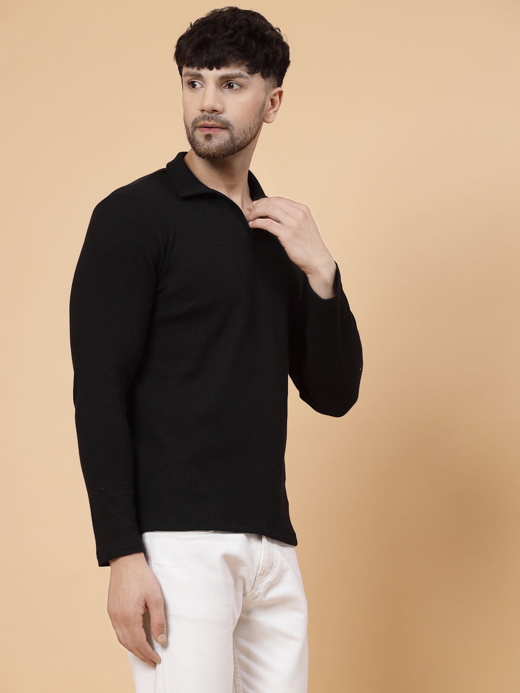 Men Black Waffle Knit T-shirt