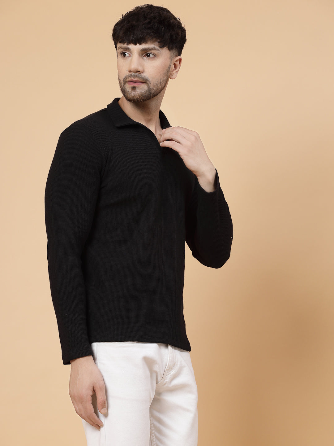 Men Black Waffle Knit T-shirt