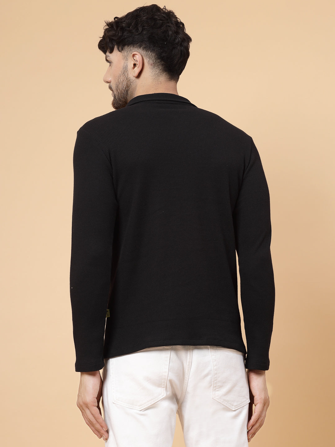 Men Black Waffle Knit T-shirt