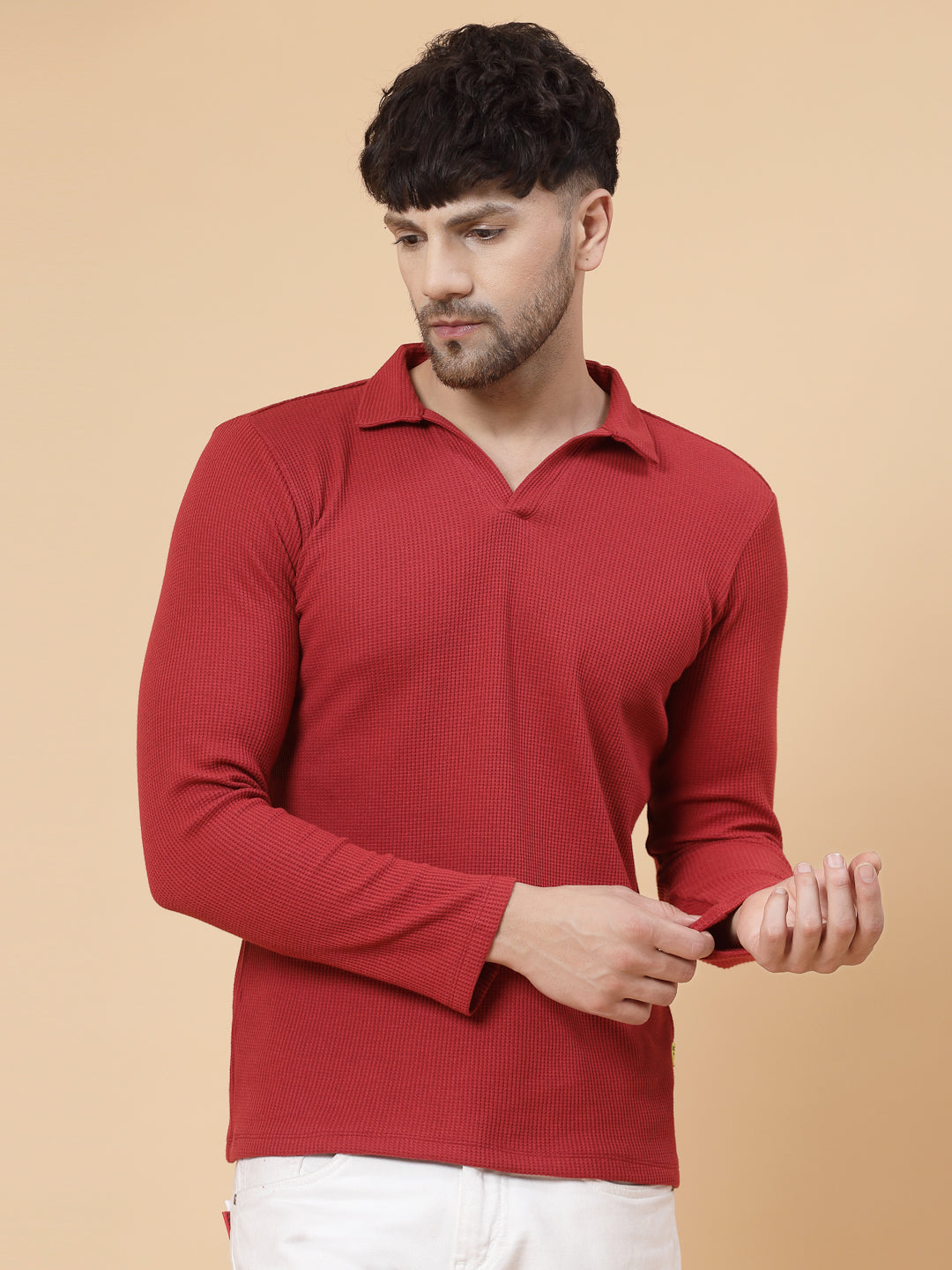 Men Maroon Waffle Knit T-shirt