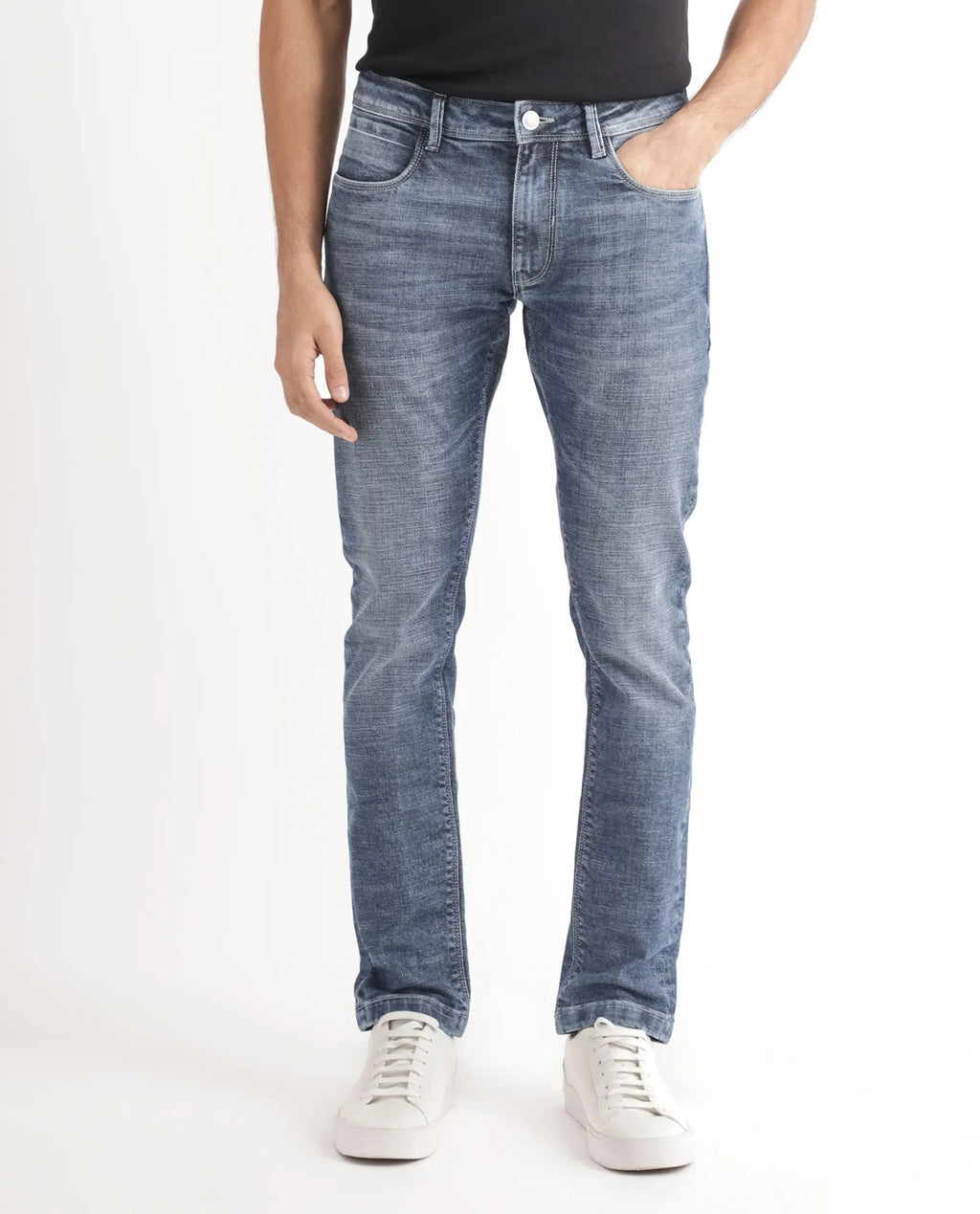 Rare Rabbit Men's Arten Blue Cotton Plain Hawk Slim Fit Jeans