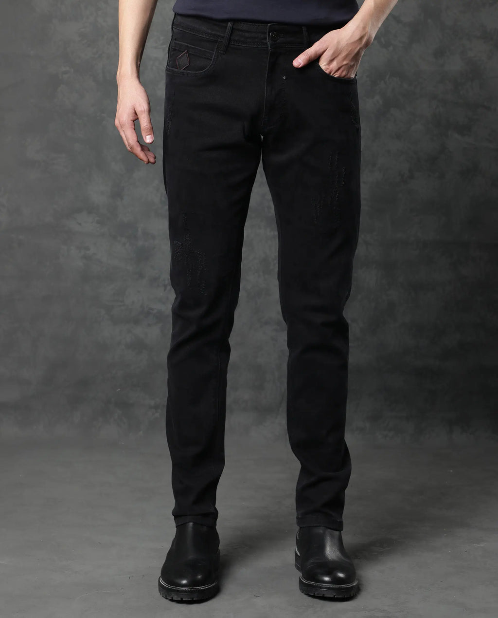Rare Rabbit Men's Astra Black Cotton Plain Hawk Slim Fit Jeans