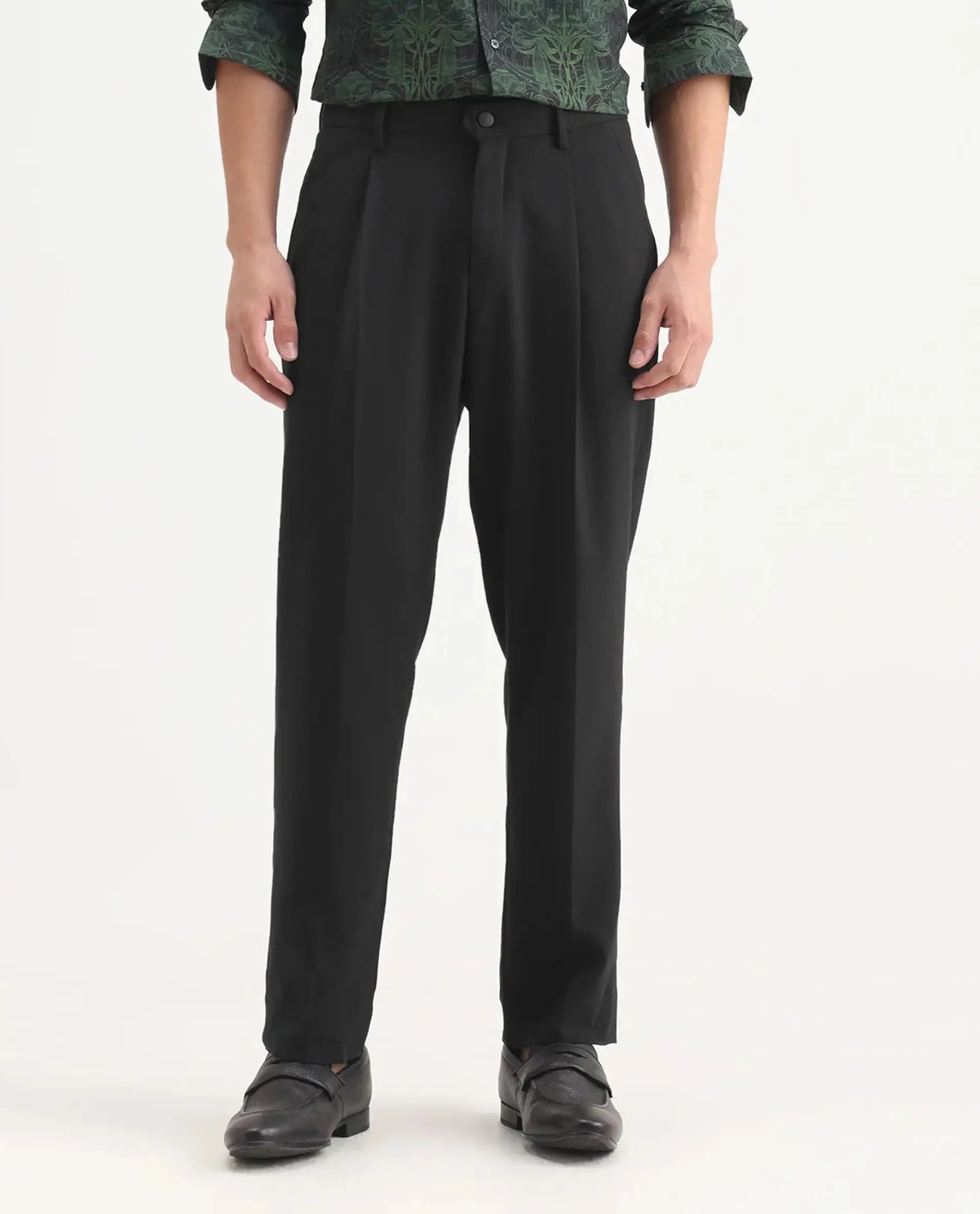 Rare Rabbit Men's Branter Black Polyester Plain Relaxed Fit Trouser