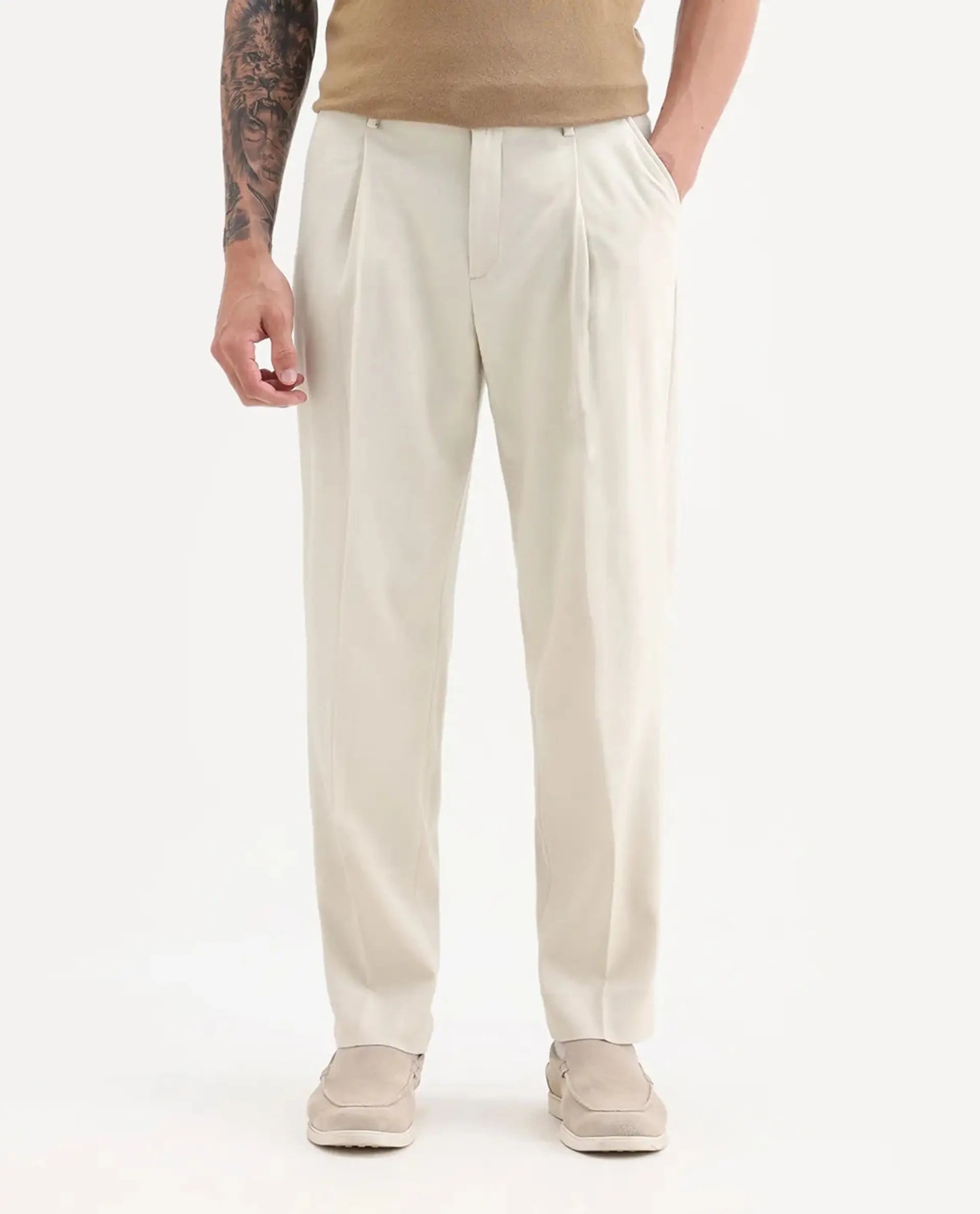 Rare Rabbit Men's Branter Off White Polyester Plain Relaxed Fit Trouser