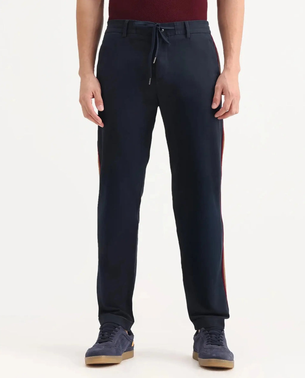 Rare Rabbit Men's Caloon Navy Cotton Blend Plain Regular Fit Trouser