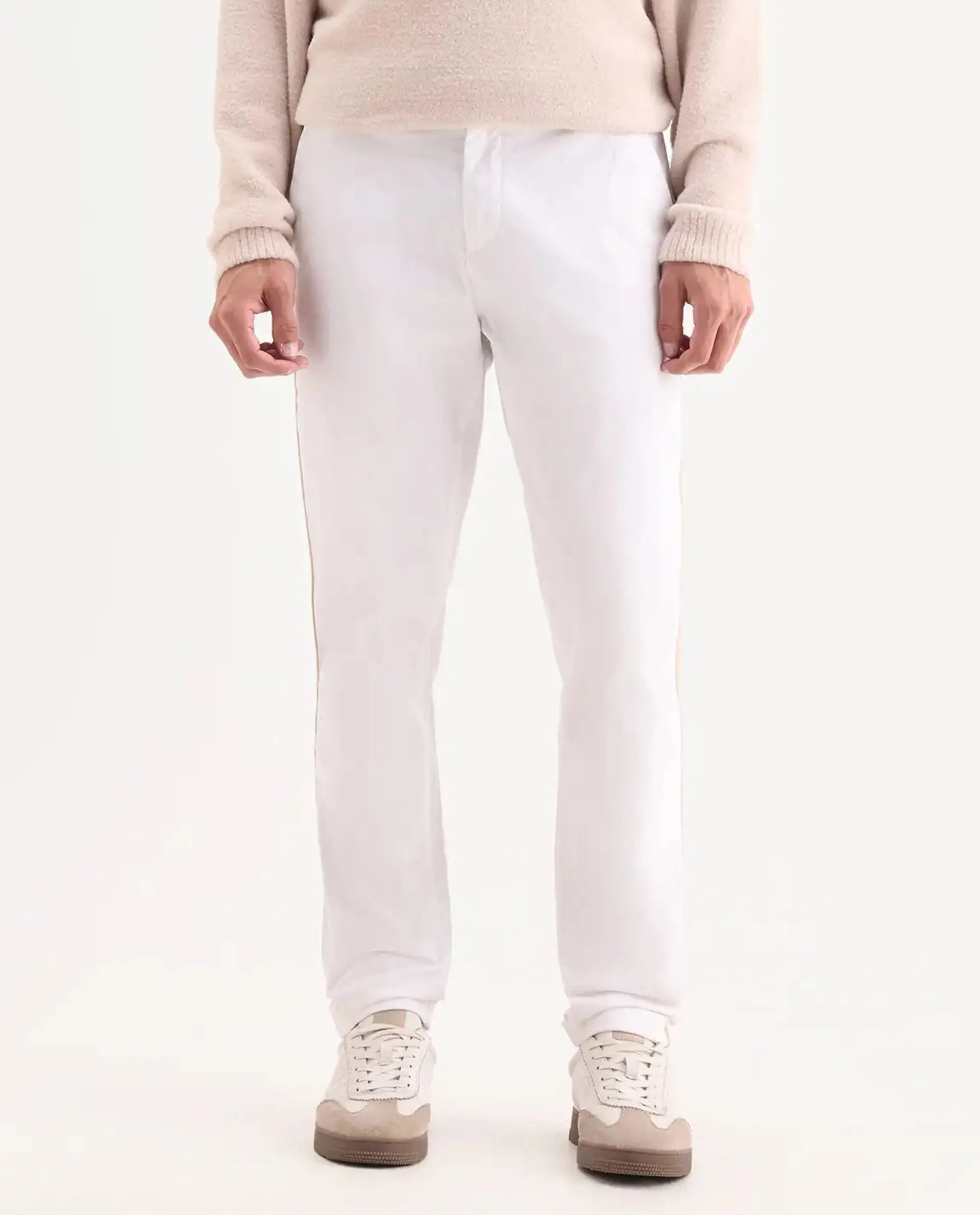 Rare Rabbit Men's Caloon White Cotton Blend Plain Regular Fit Trouser