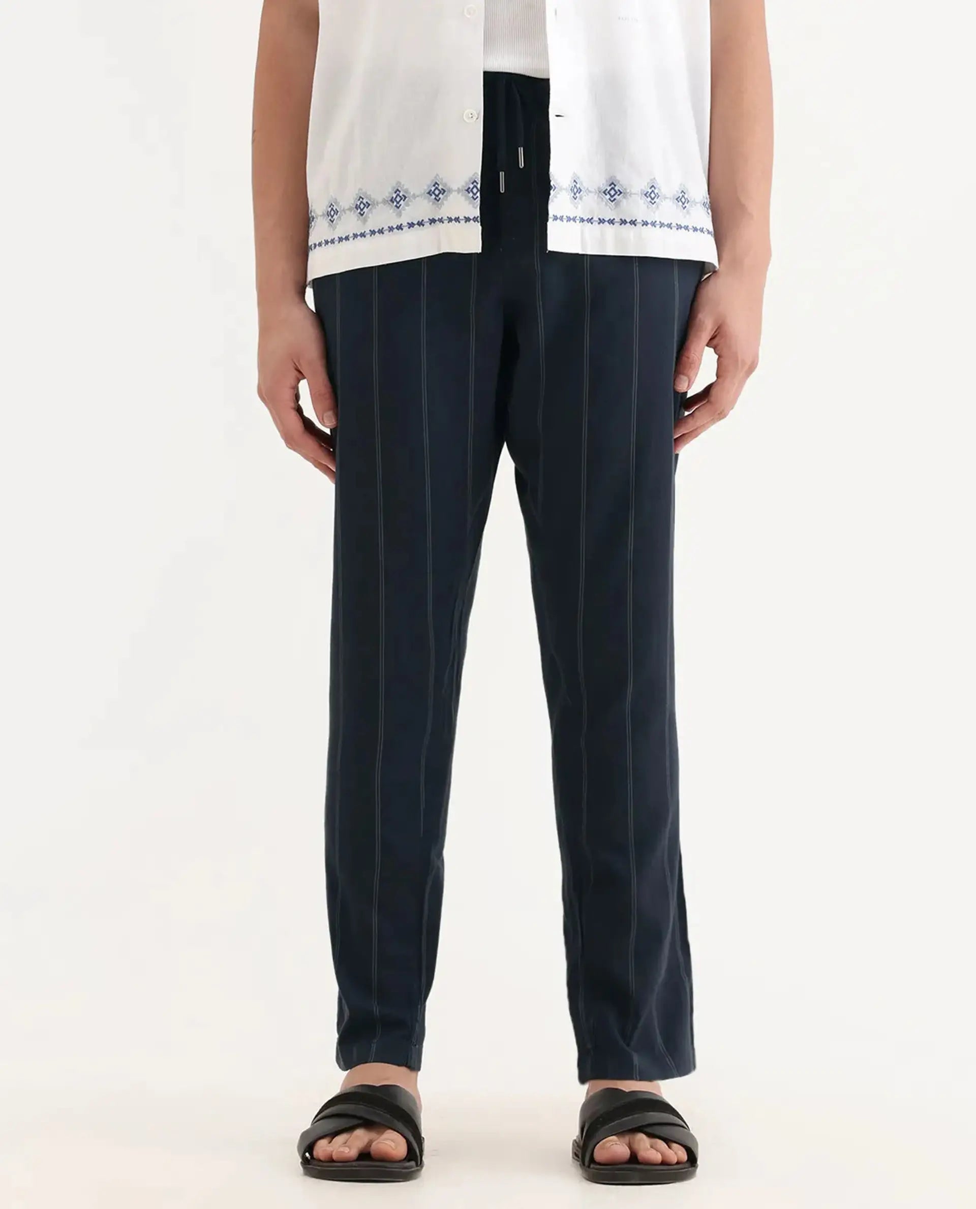 Rare Rabbit Men's Canal Navy Cotton Striped Print Regular Fit Trouser