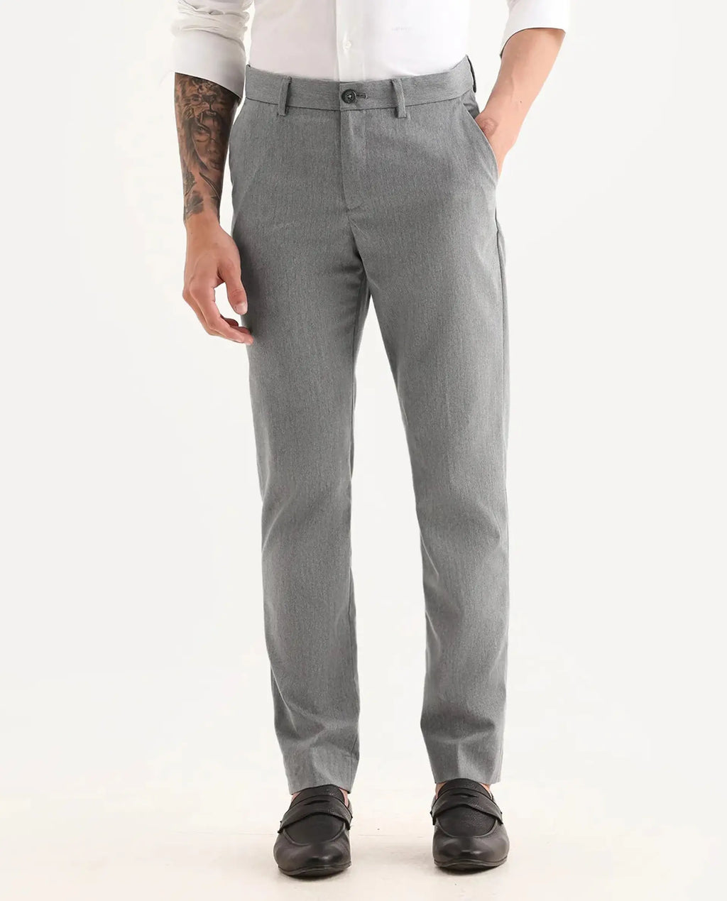 Rare Rabbit Men's Chamer Grey Polyester Plain Regular Fit Trouser