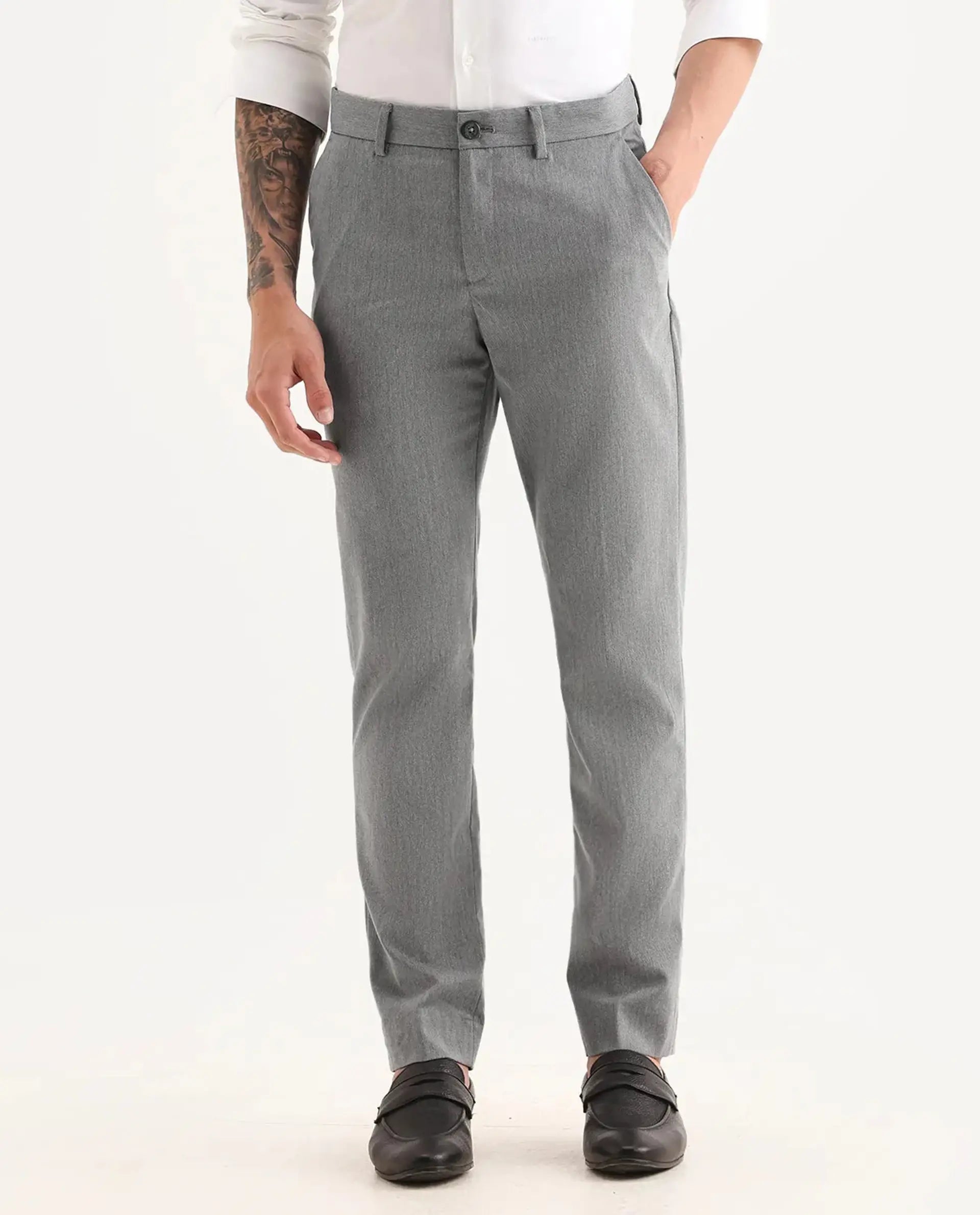 Rare Rabbit Men's Chamer Grey Polyester Plain Regular Fit Trouser