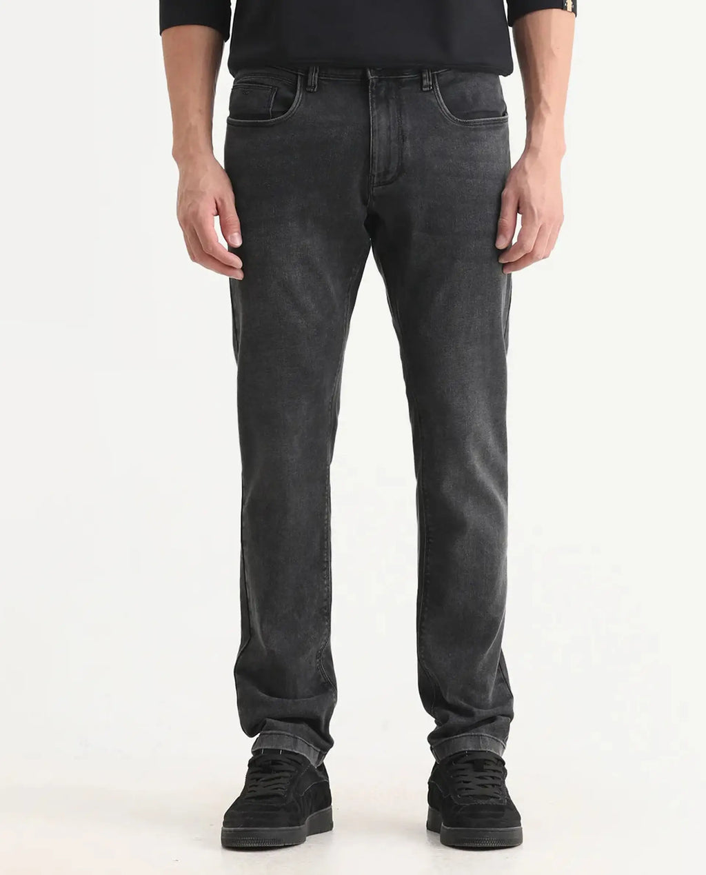Rare Rabbit Men's Cosmog-1 Dark Grey Cotton Blend Fabric Hawk Slim Plain Jeans