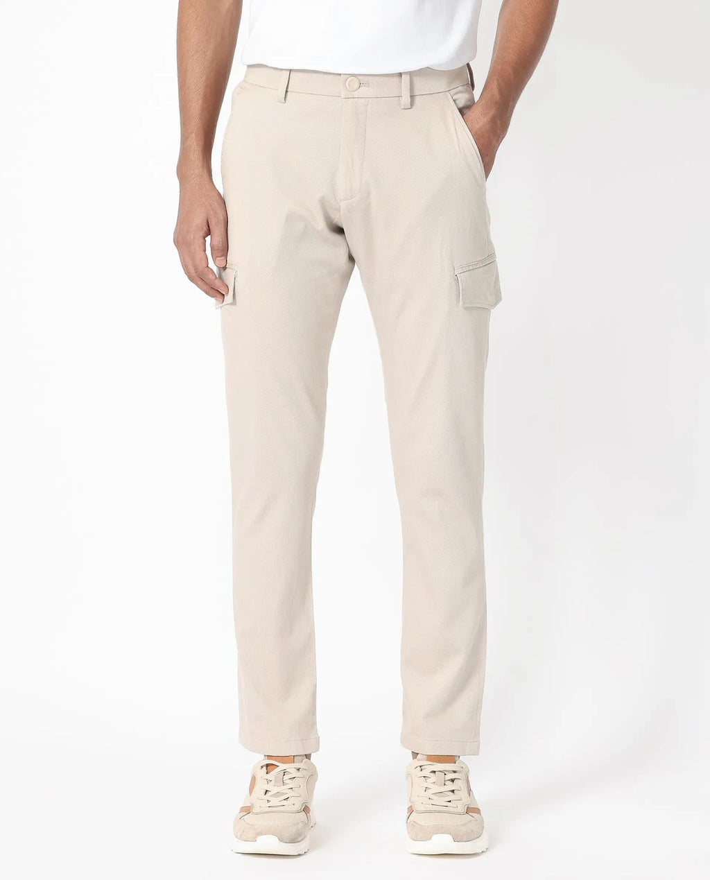 Rare Rabbit Men's Curo Beige Cotton Plain Regular Fit Trouser