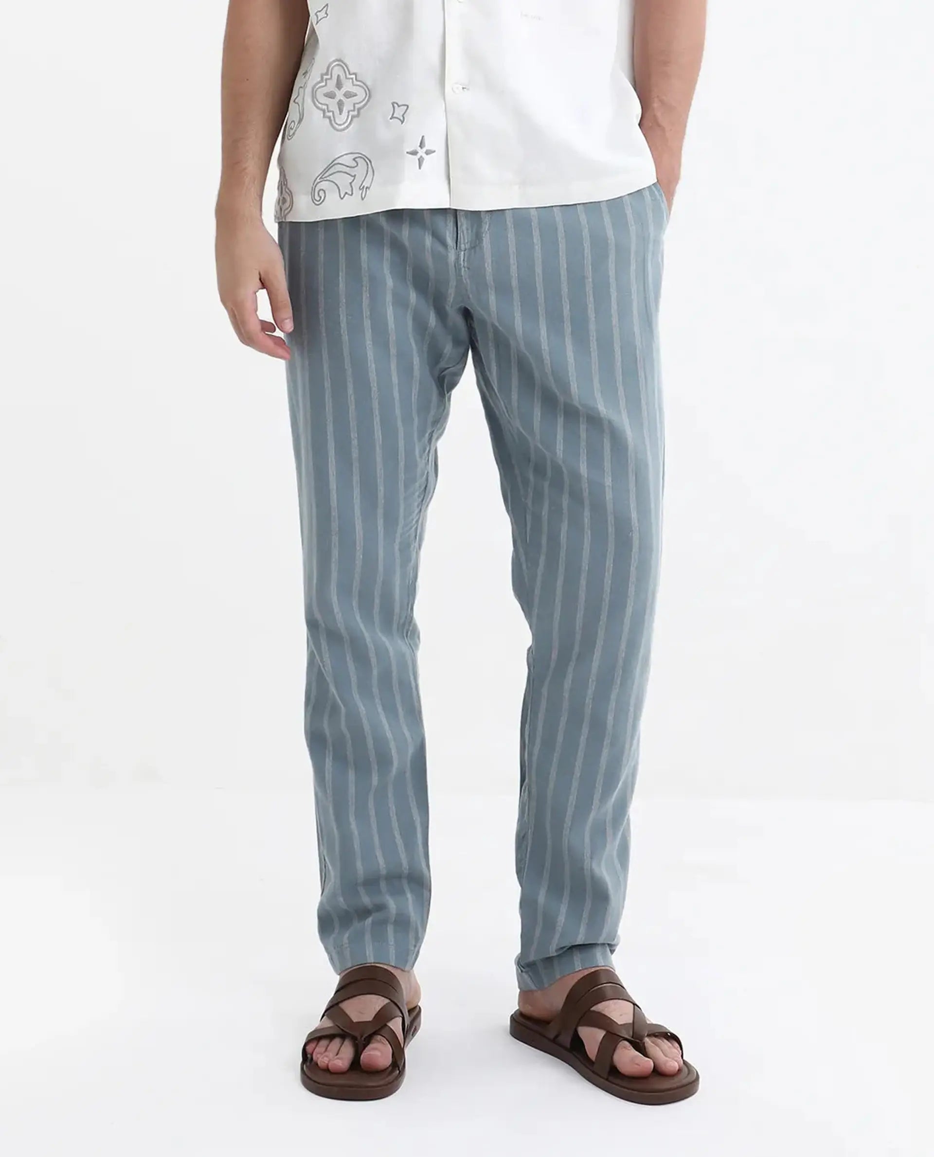 Rare Rabbit Men's Dano Light Blue Linen Blend Striped Print Regular Fit Trouser