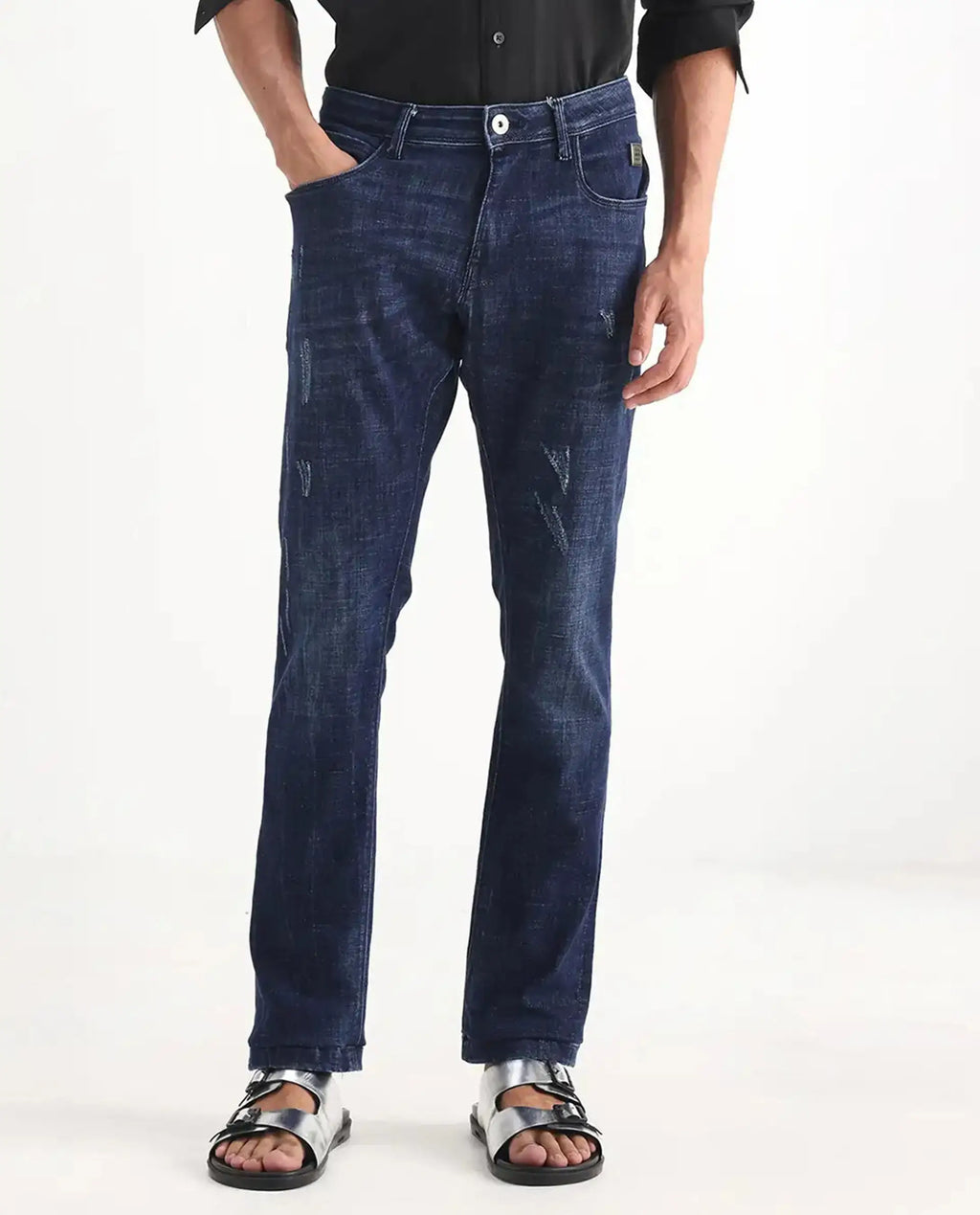 Rare Rabbit Men's Devin Blue Cotton Blend Plain Hawk Slim Fit Jeans