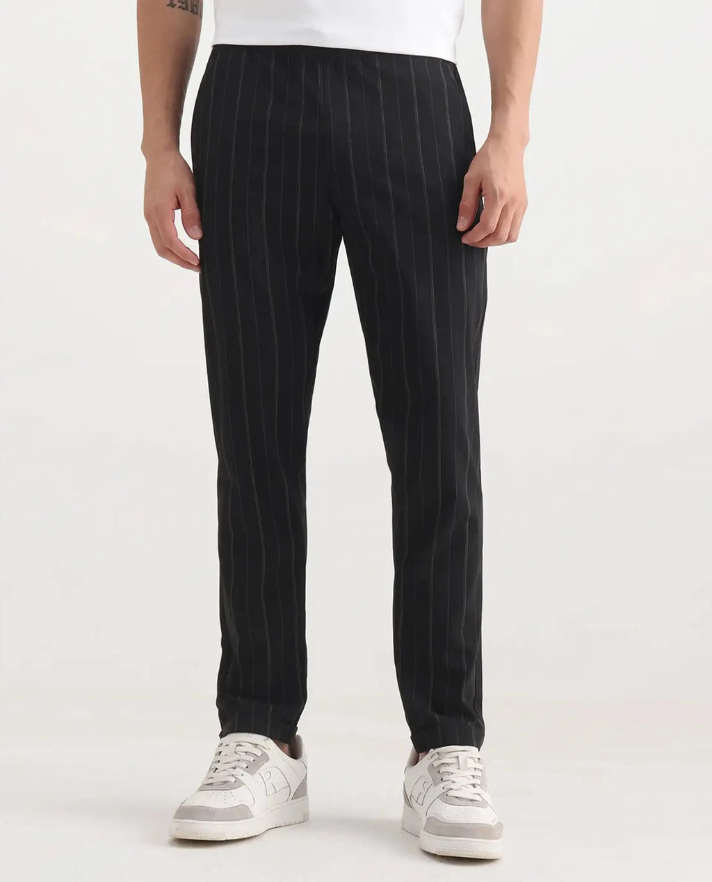 Rare Rabbit Men's Evita Black Cotton Striped Print Regular Fit Trouser