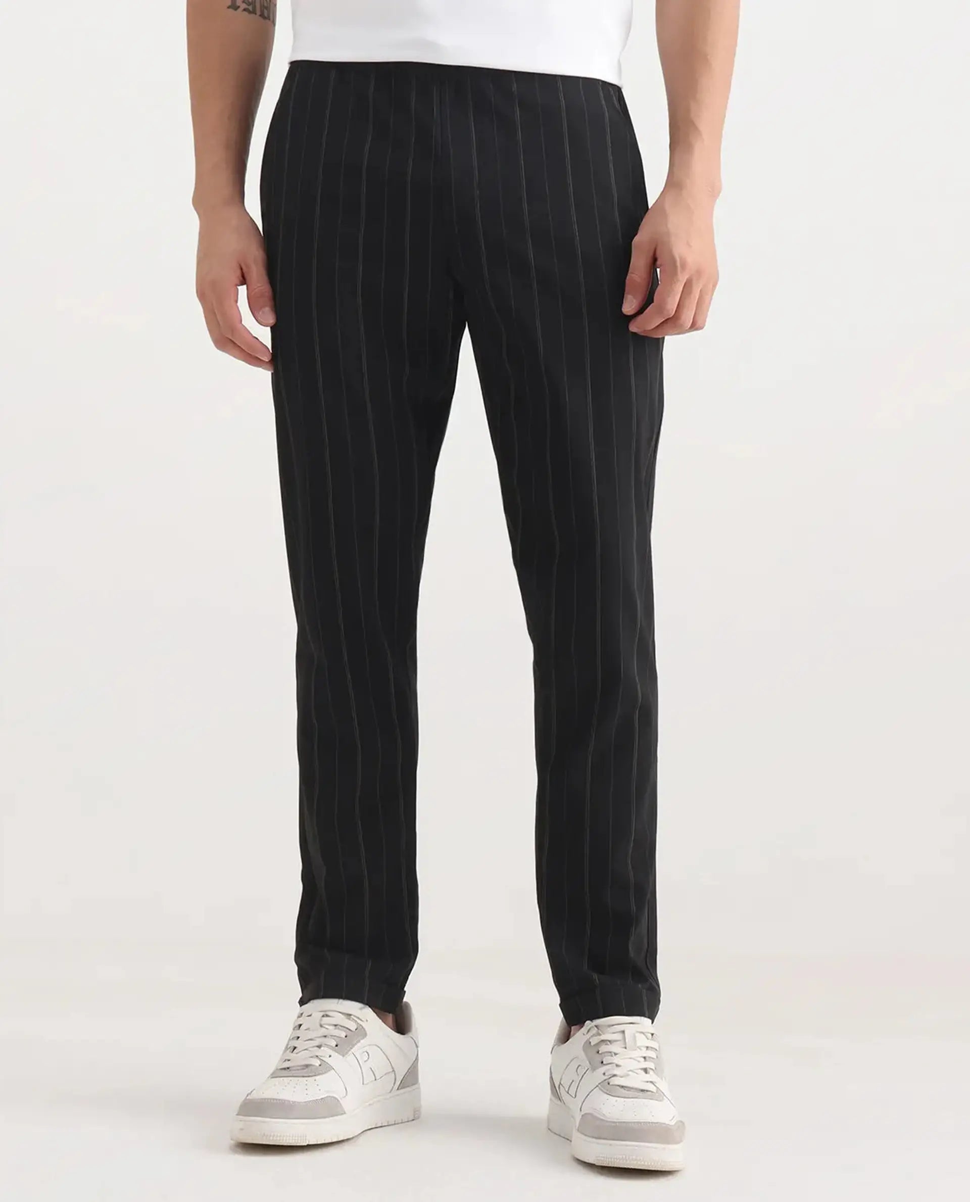 Rare Rabbit Men's Evita Black Cotton Striped Print Regular Fit Trouser
