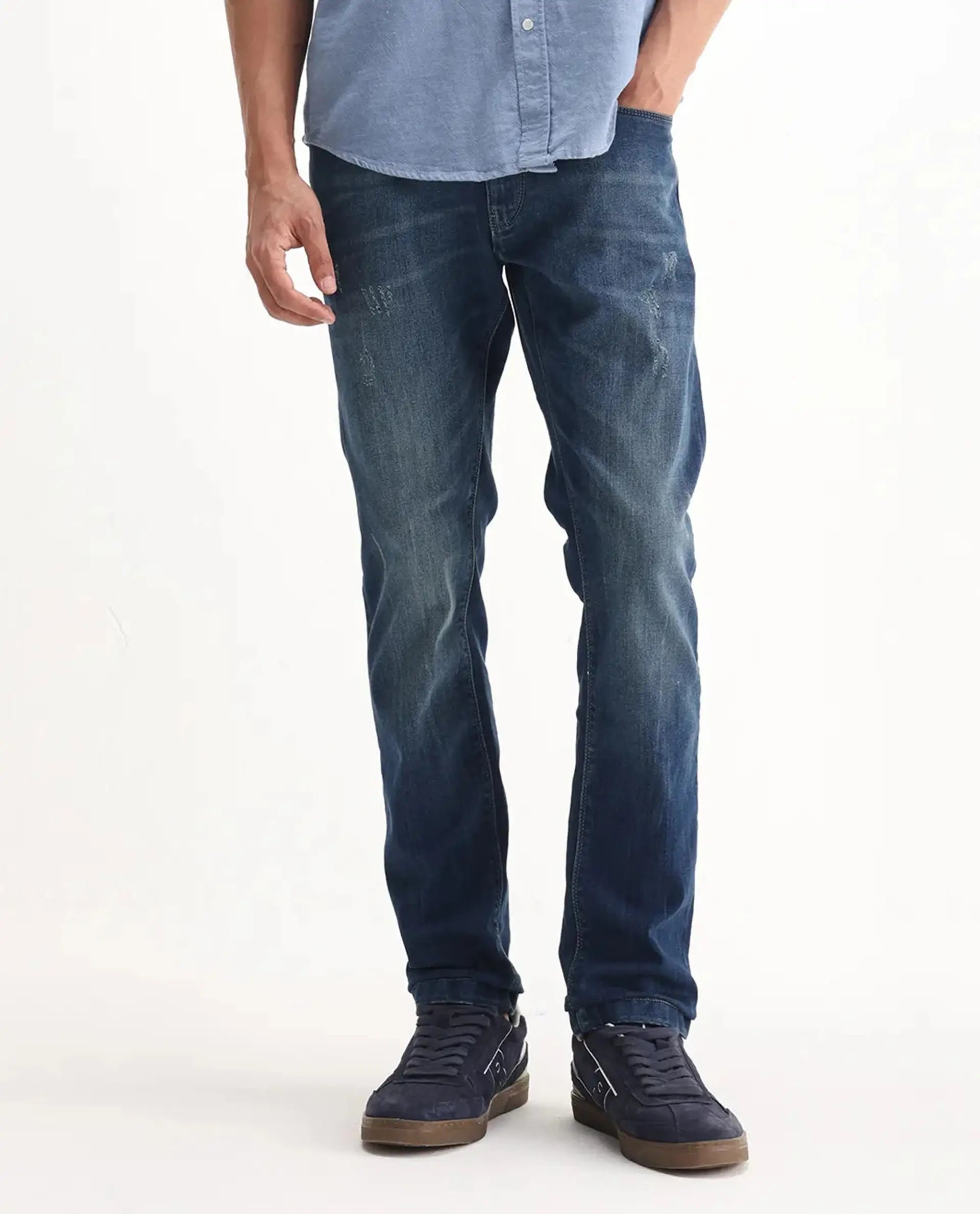 Rare Rabbit Men's Ferrer Navy Cotton Plain Hawk Slim Fit Jeans
