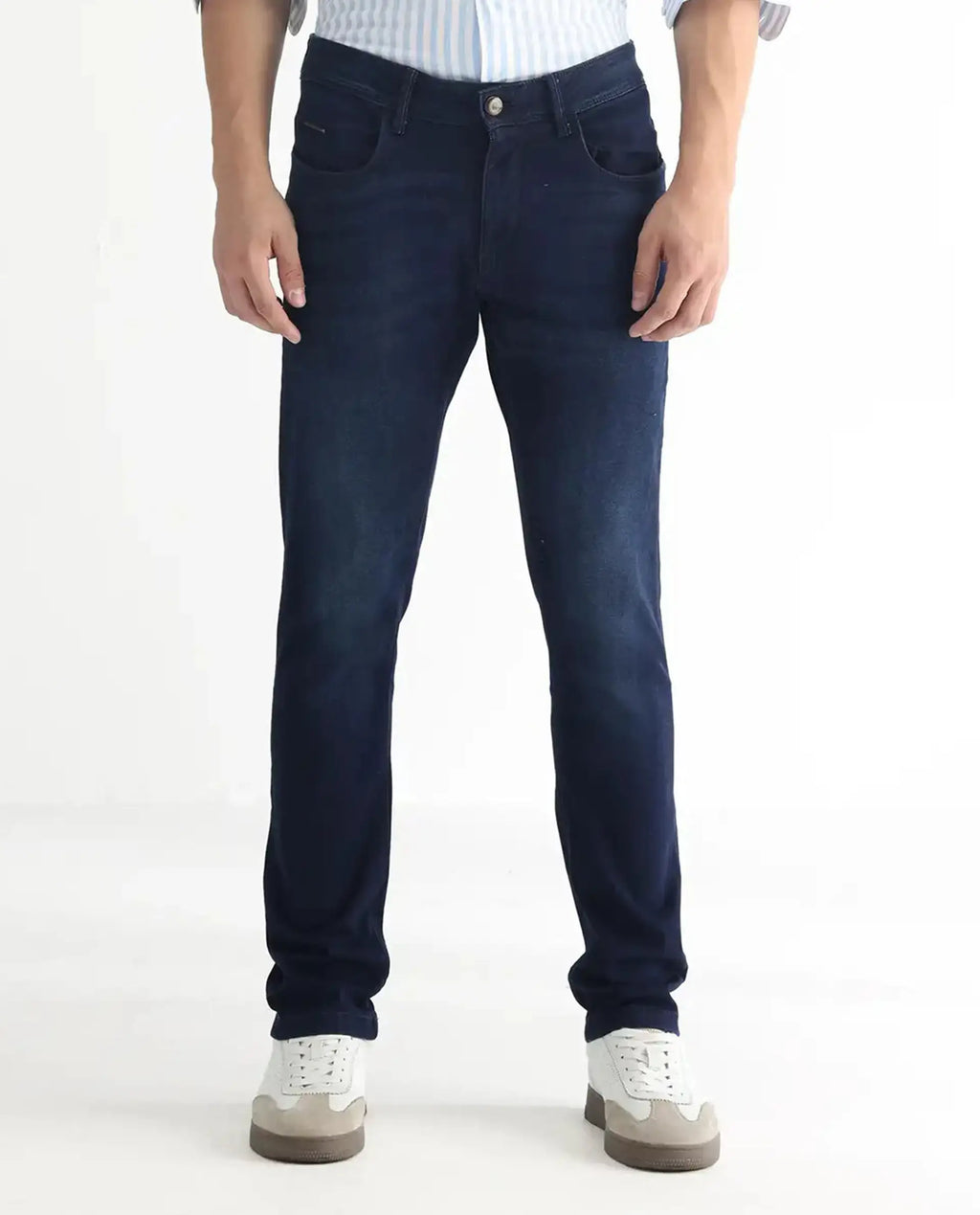 Rare Rabbit Men's Gaza Blue Cotton Plain Hawk Slim Fit Jeans