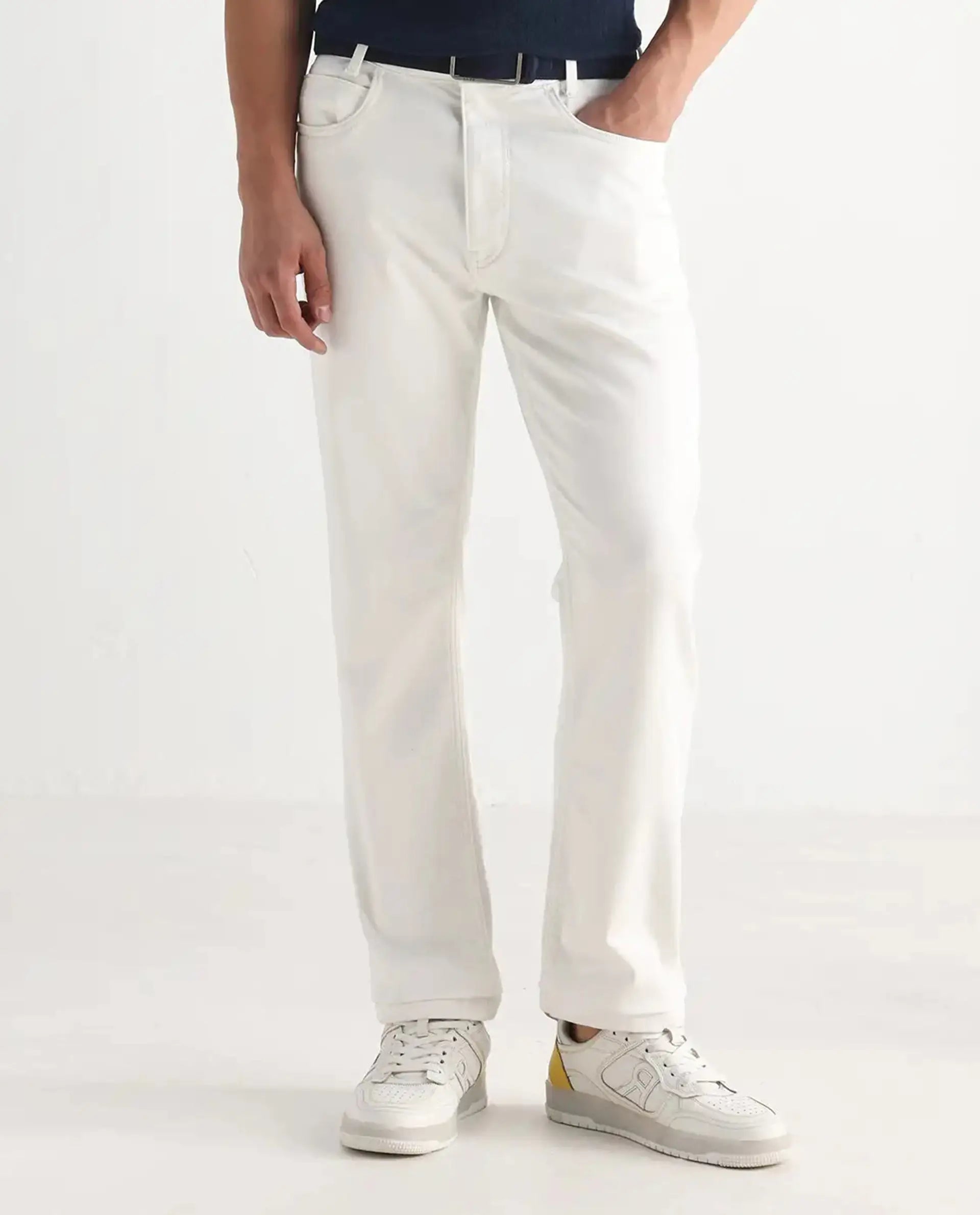 Rare Rabbit Men's Glebon White Cotton Plain Morris Regular Fit Jeans