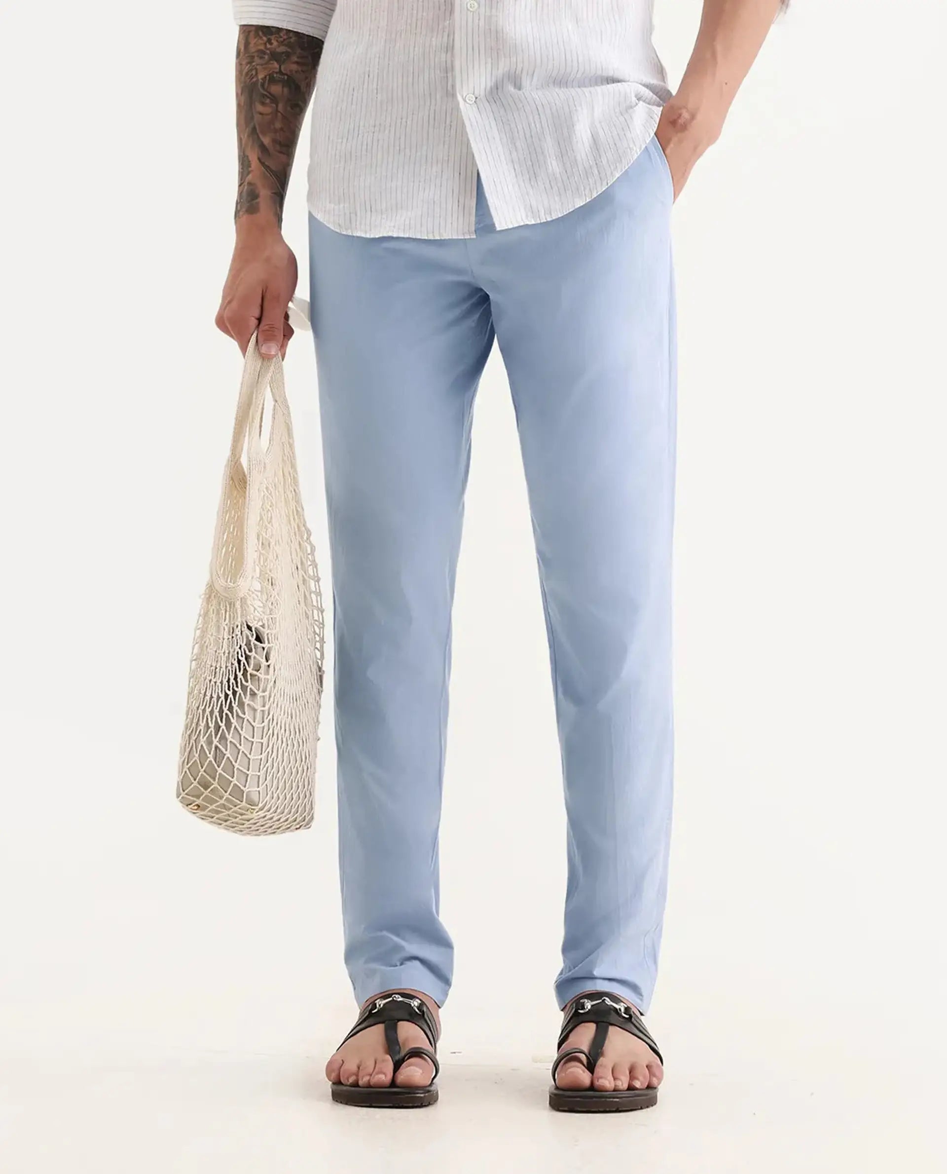 Rare Rabbit Men's Harlow Pastel Purple Cotton Plain Regular Fit Trouser