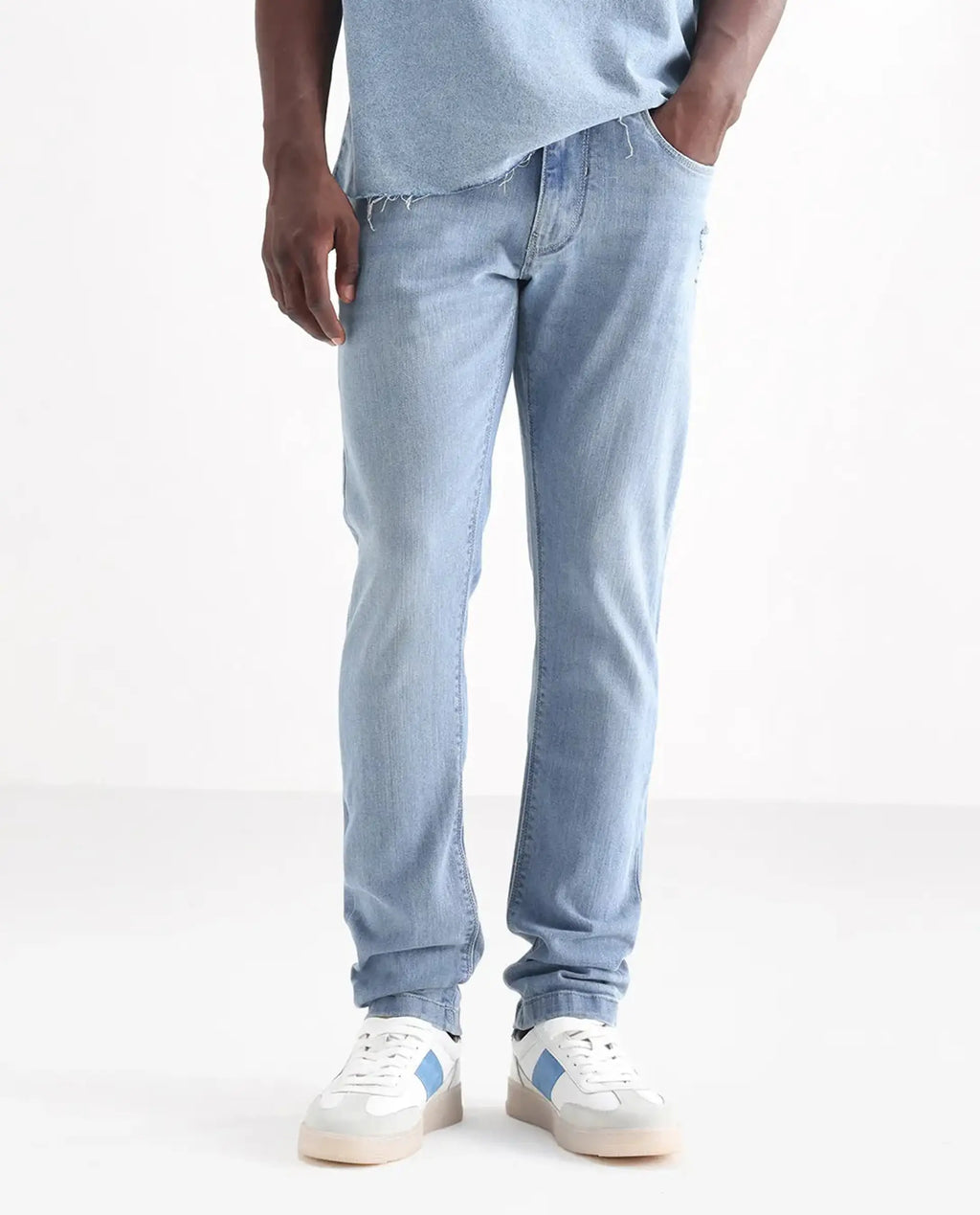 Rare Rabbit Men's Hawkins Pastel Blue Cotton Plain Hawk Slim Fit Jeans