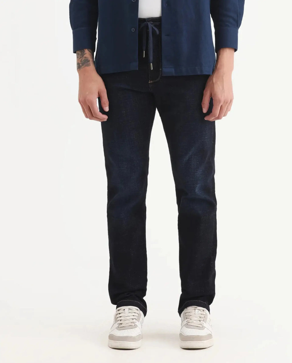 Rare Rabbit Men's Hayk Dark Blue Cotton Blend Plain Morris Regular Fit Jeans