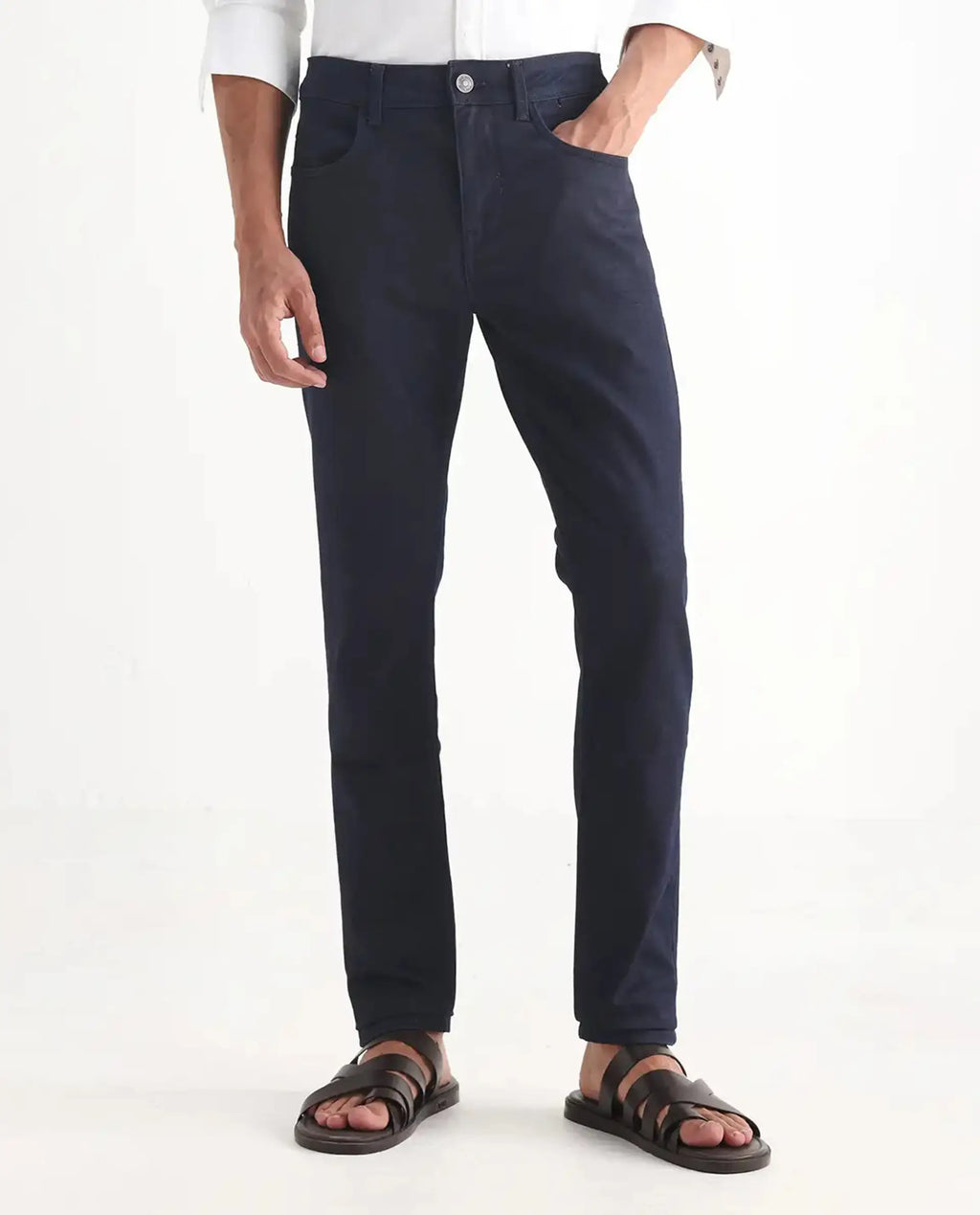 Rare Rabbit Men's Kiel Navy Cotton Plain Morris Regular Fit Jeans