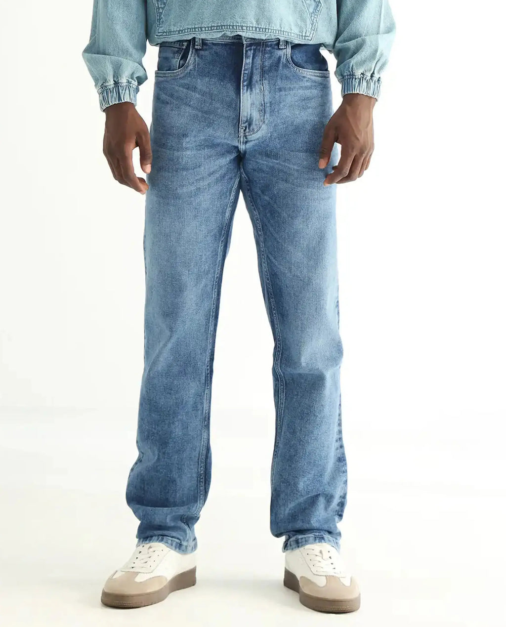 Rare Rabbit Men's Klune-2 Blue Cotton Blend Plain Morris Regular Fit Jeans
