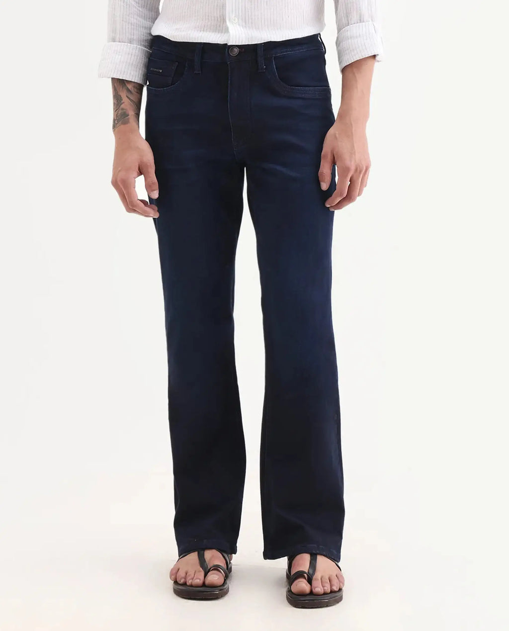 Rare Rabbit Men's Knoxo-Bl Dark Blue Cotton Blend Fabric Button Closure Bootcut Plain Jeans