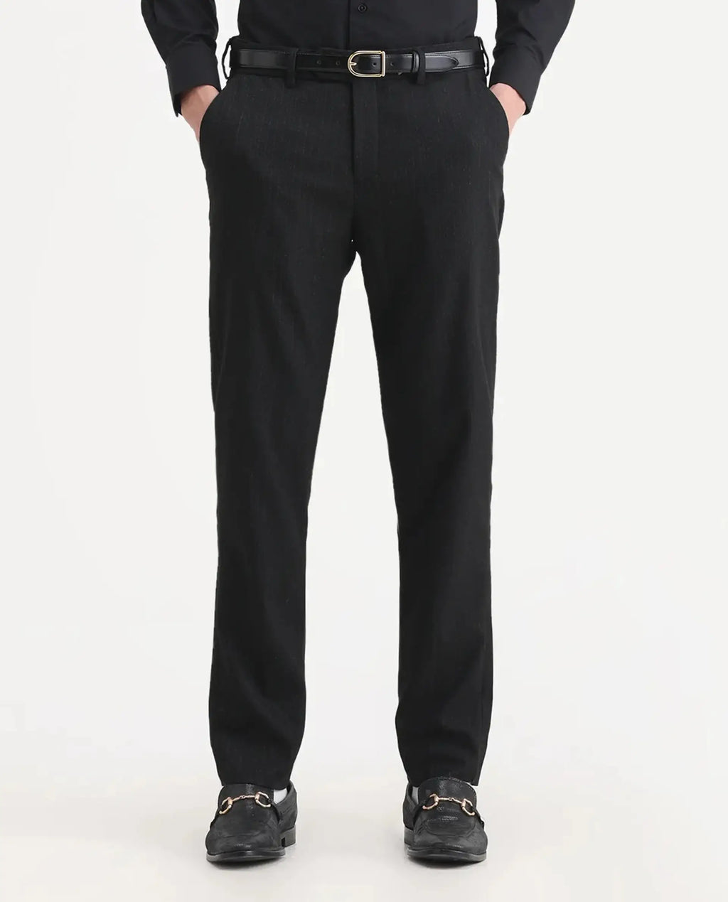 Rare Rabbit Men's Kovex Black Polyester Striped Print Regular Fit Trouser
