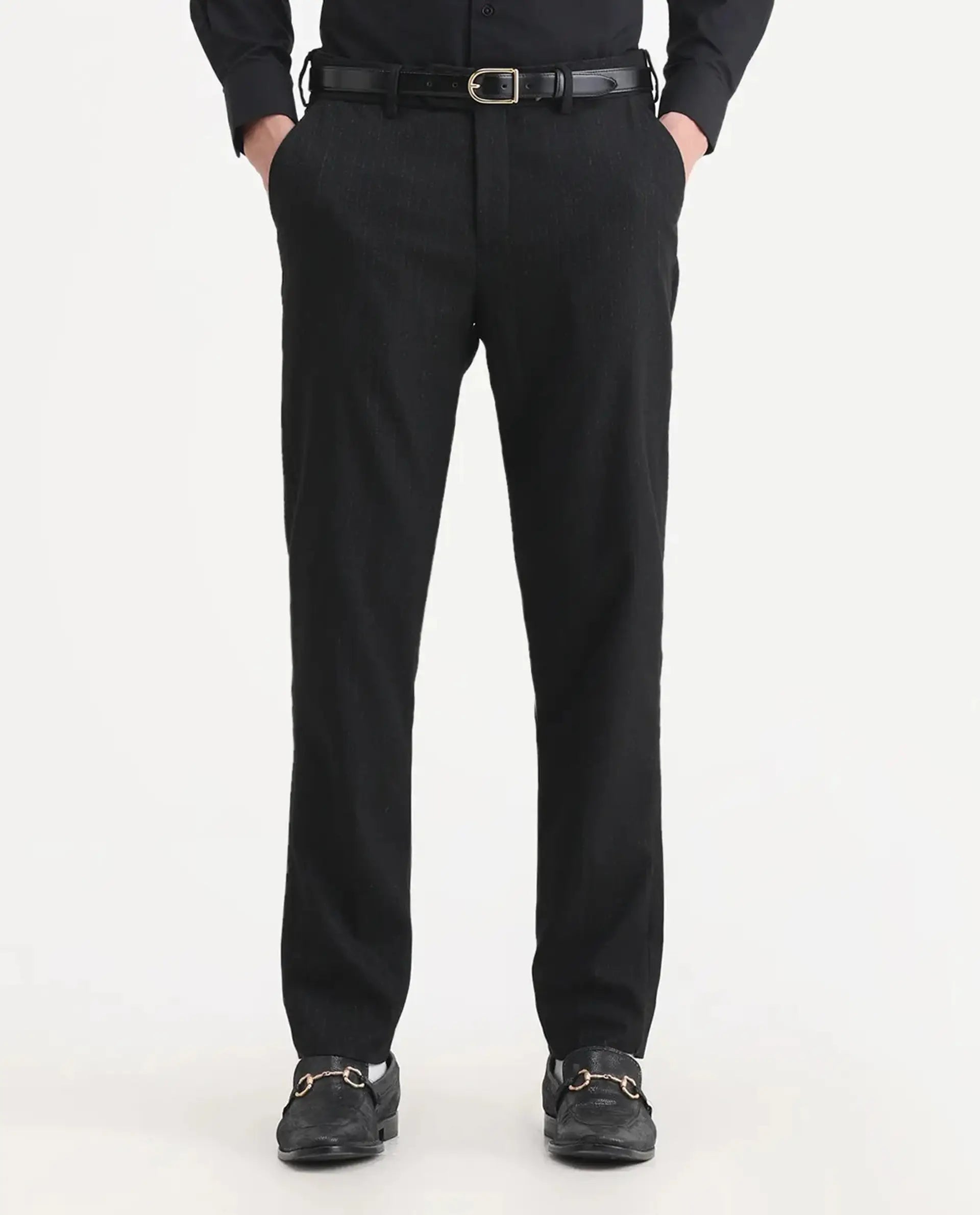Rare Rabbit Men's Kovex Black Polyester Striped Print Regular Fit Trouser
