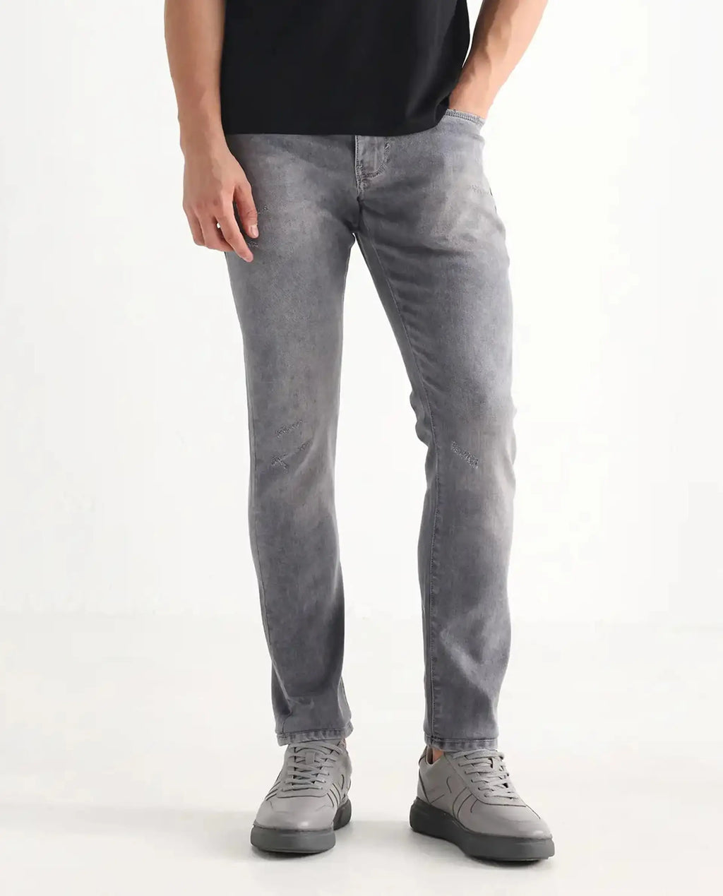Rare Rabbit Men's Mainz Light Grey Cotton Blend Plain Hawk Slim Fit Jeans