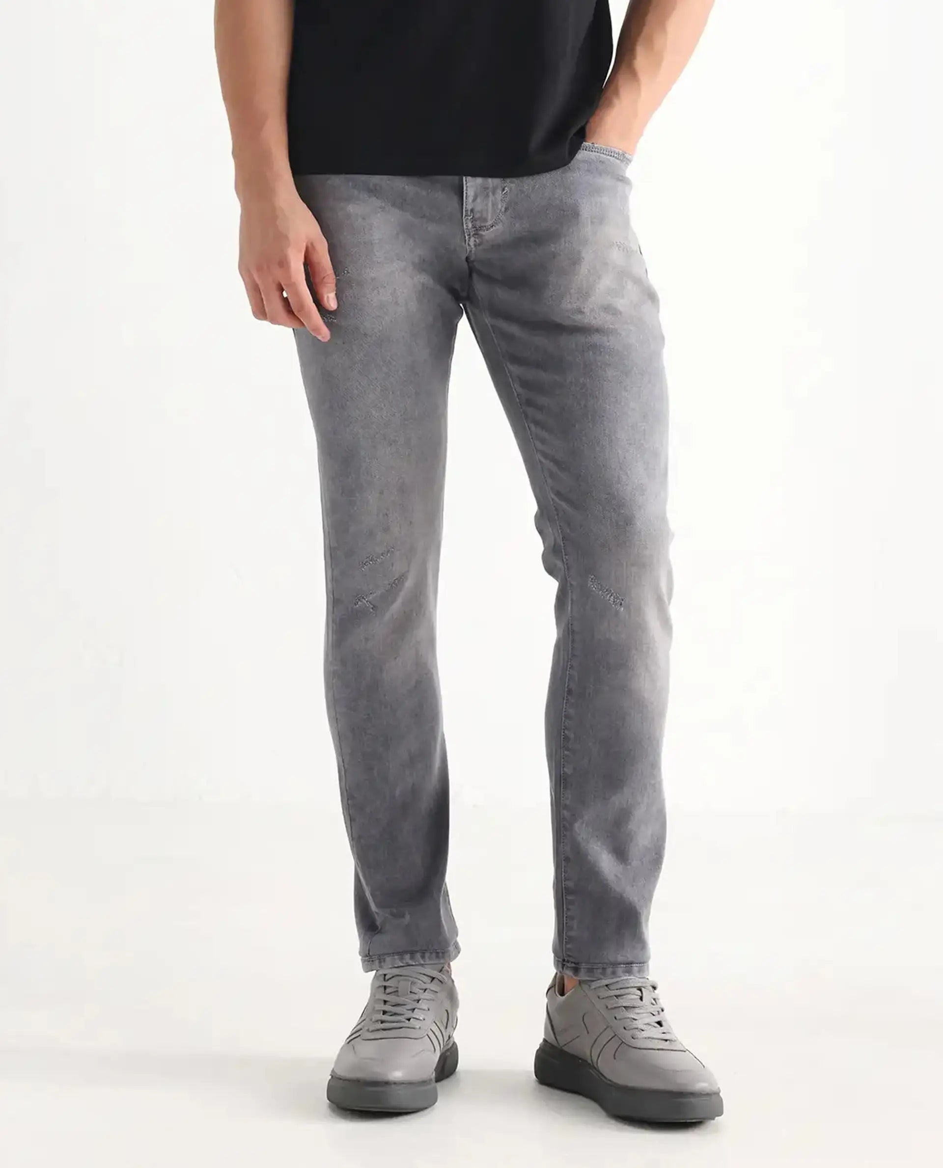 Rare Rabbit Men's Mainz Light Grey Cotton Blend Plain Hawk Slim Fit Jeans