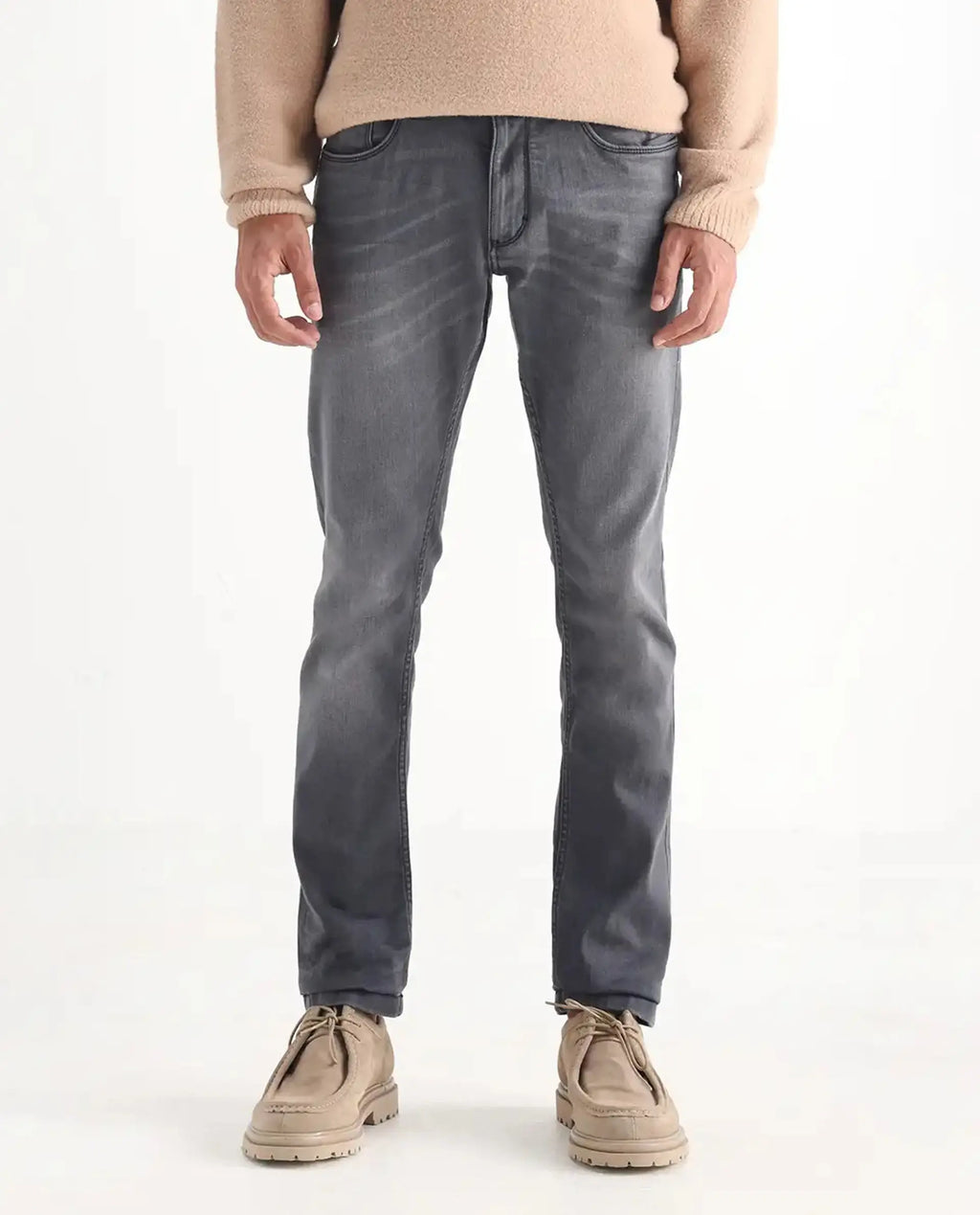 Rare Rabbit Men's Mesa Grey Cotton Blend Plain Hawk Slim Fit Jeans