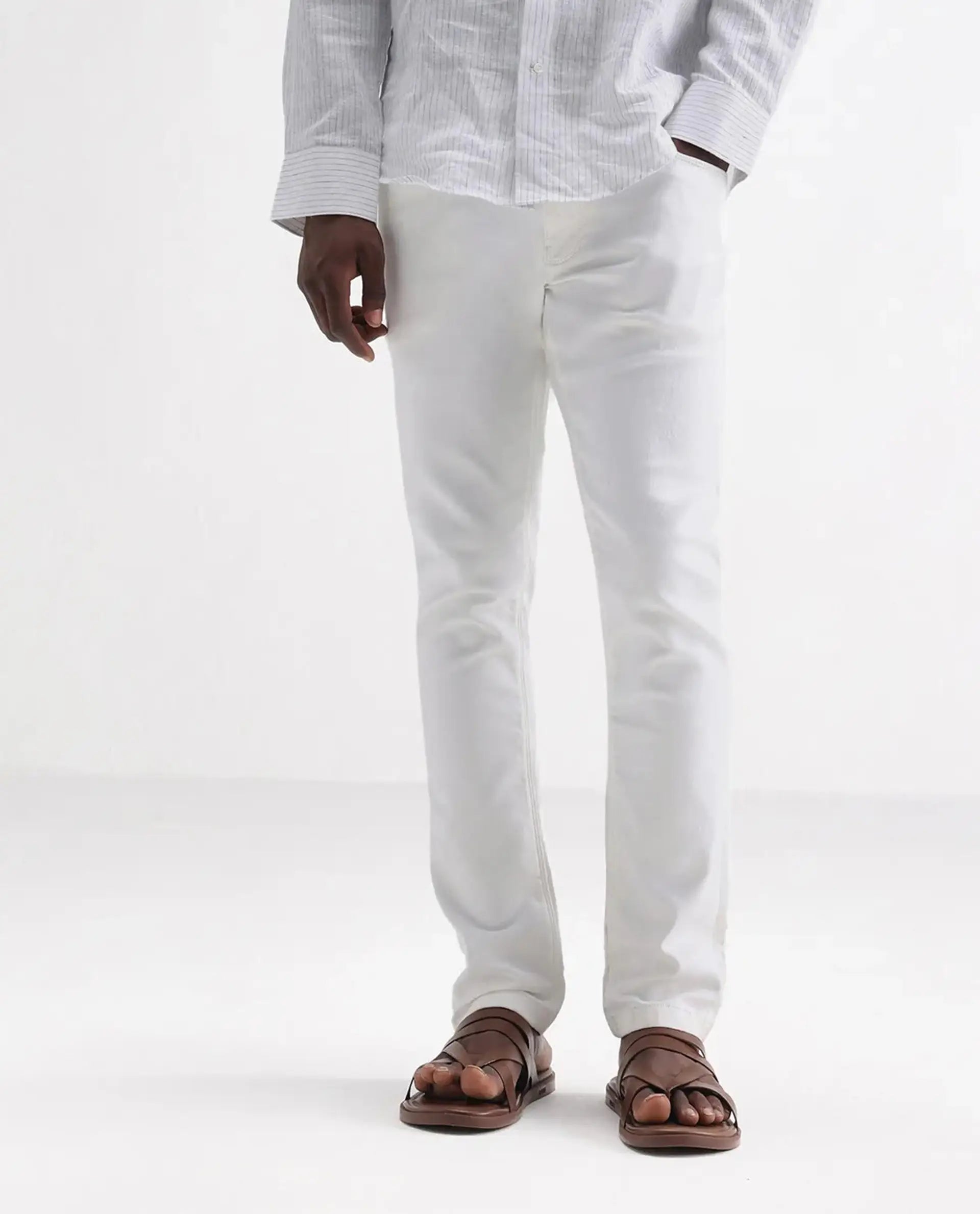Rare Rabbit Men's Meymac White Cotton Plain Hawk Slim Fit Jeans