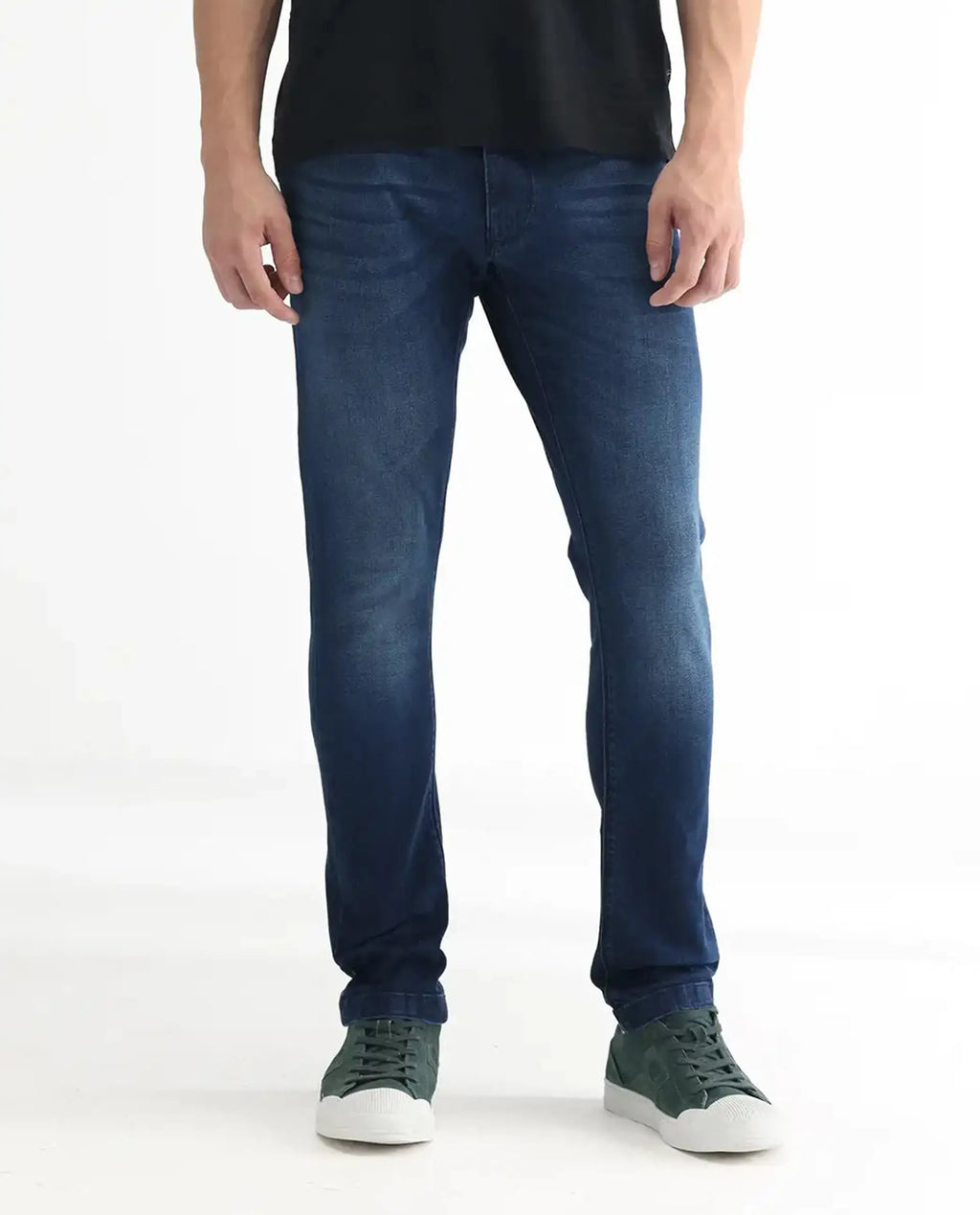 Rare Rabbit Men's Night Blue Cotton Plain Hawk Slim Fit Jeans