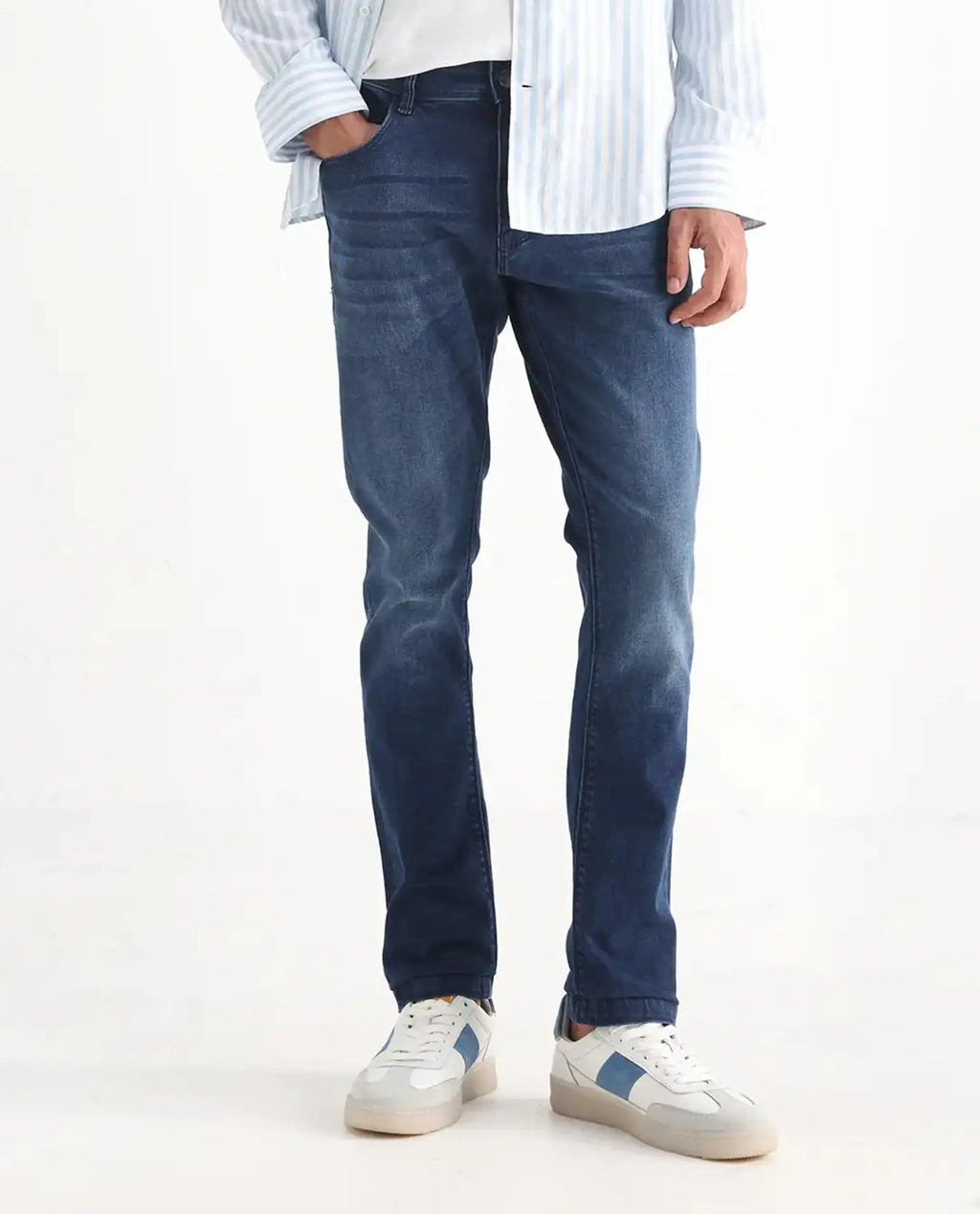 Rare Rabbit Men's Night Dark Blue Cotton Plain Hawk Slim Fit Jeans