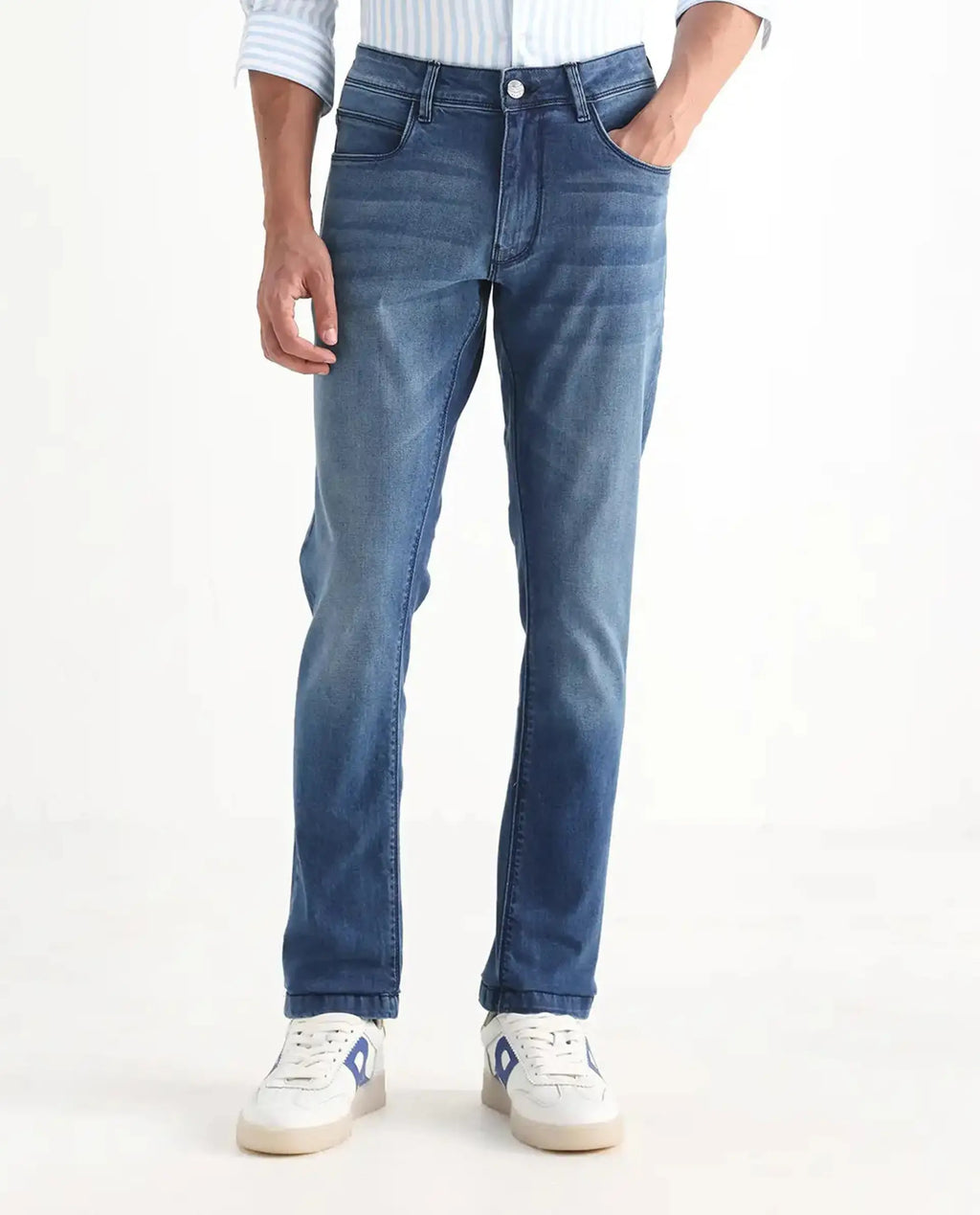 Rare Rabbit Men's Night Light Blue Cotton Plain Hawk Slim Fit Jeans