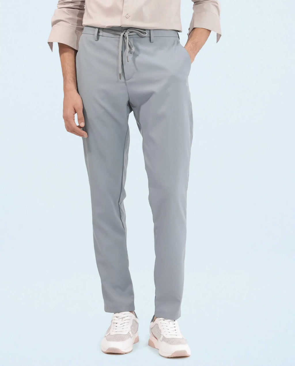 Rare Rabbit Men's Nimb Dusky Blue Polyester Fabric Drawstring And Button Closure High Rise Regular Fit Solid Trousers