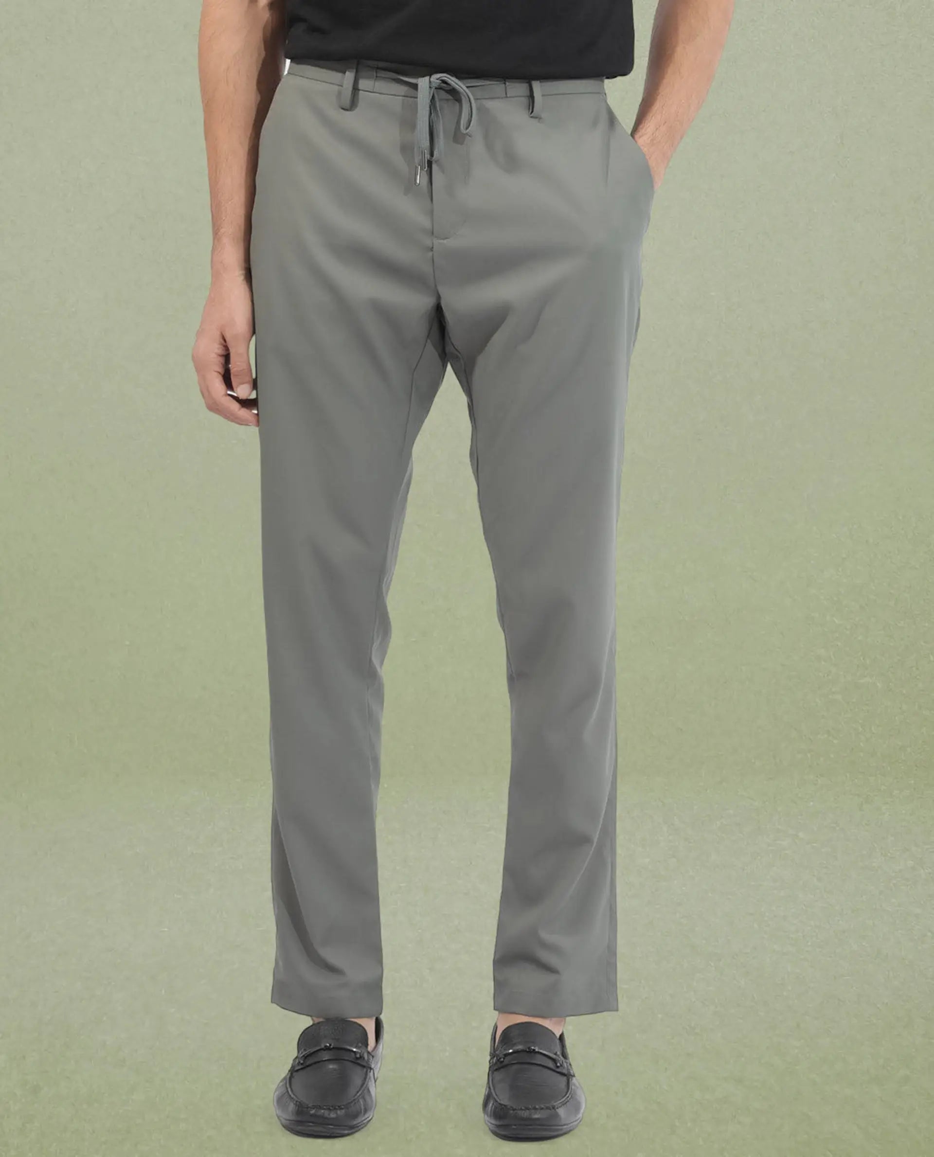 Rare Rabbit Men's Nimb Dusky Green Polyester Fabric Drawstring And Button Closure High Rise Regular Fit Solid Trousers