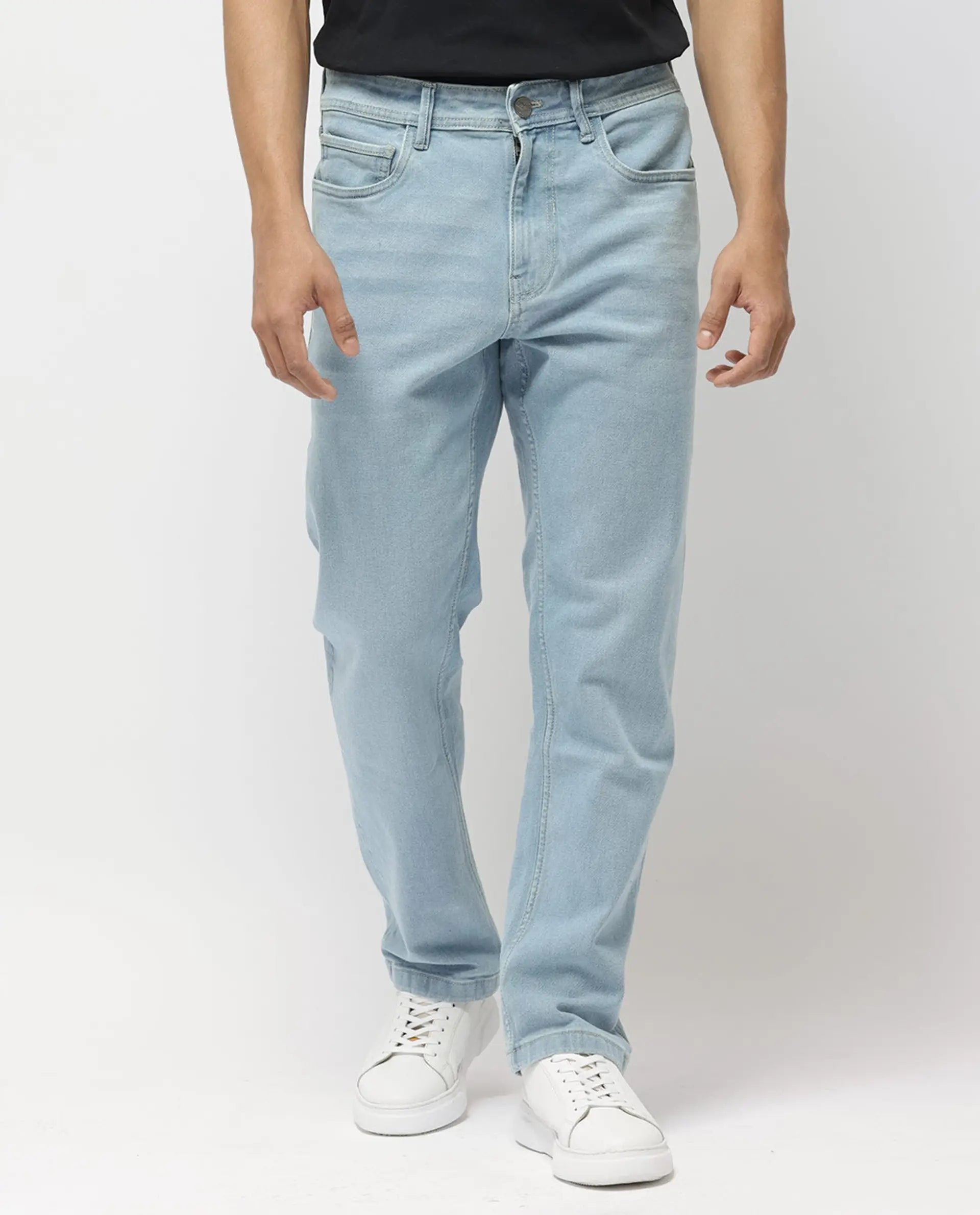 Rare Rabbit Men's Polin Pastel Blue Cotton Plain Morris Regular Fit Jeans