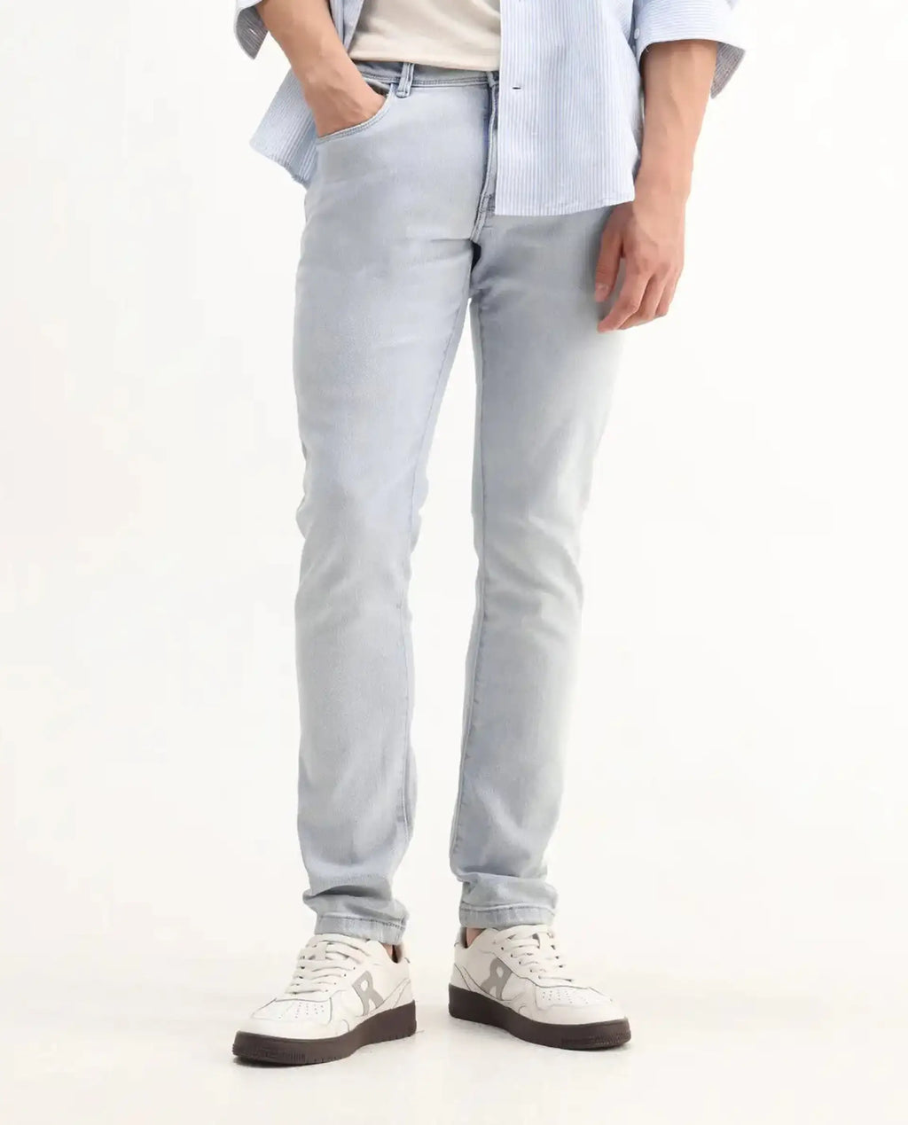 Rare Rabbit Men's Rafail Light Blue Cotton Blend Plain Hawk Slim Fit Jeans