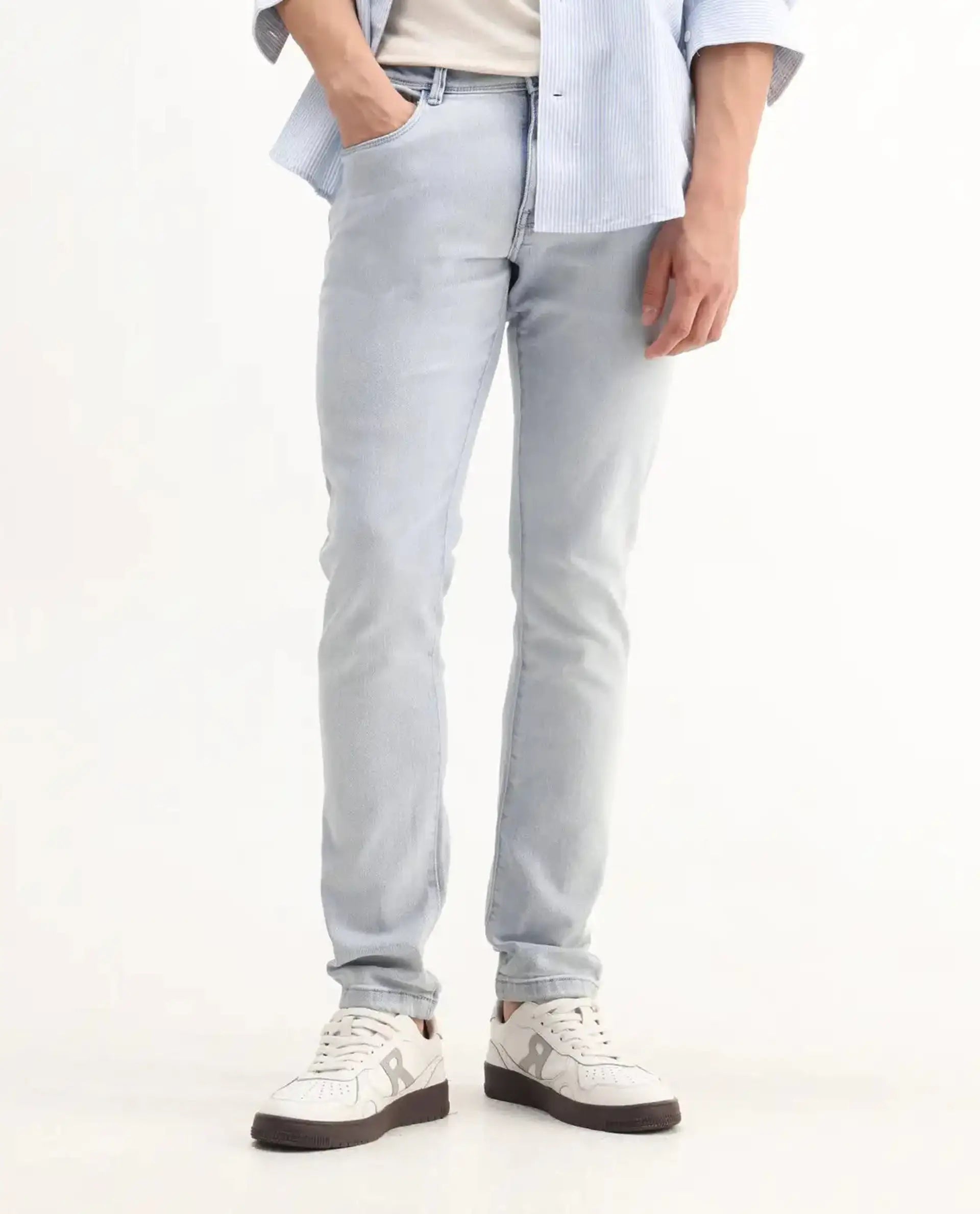 Rare Rabbit Men's Rafail Light Blue Cotton Blend Plain Hawk Slim Fit Jeans