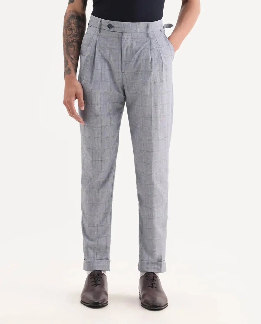 Rare Rabbit Men's Renot Blue Cotton Checked Print Regular Fit Trouser