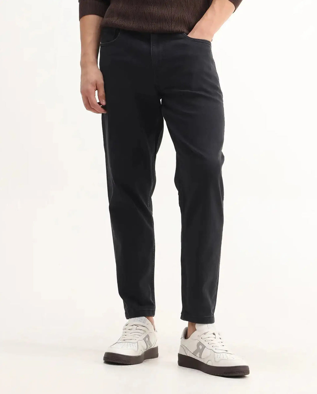 Rare Rabbit Men's Sam-2 Black Cotton Plain Kurt Carrot Fit Jeans