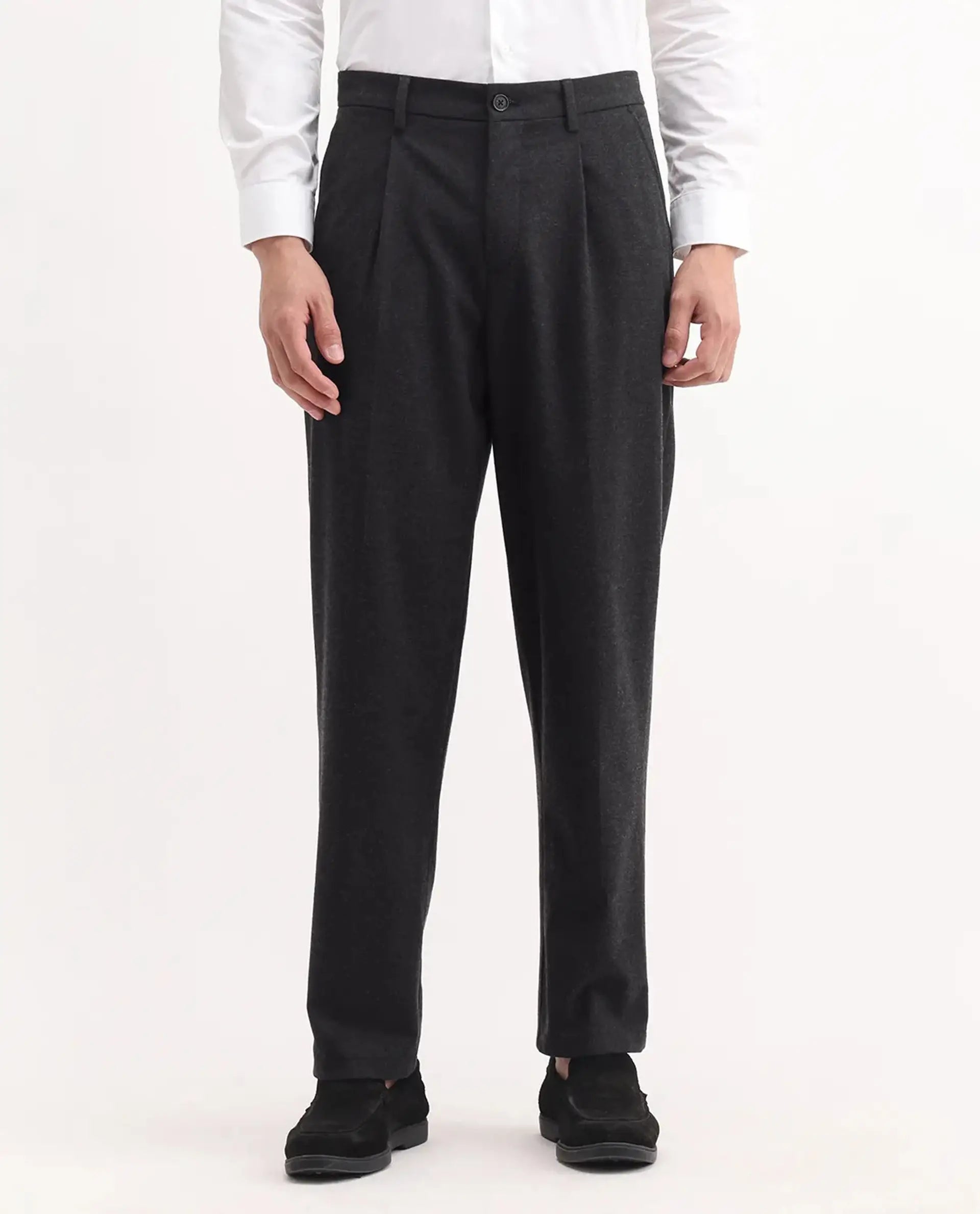 Rare Rabbit Men's Tori Black Cotton Plain Relaxed Fit Trouser