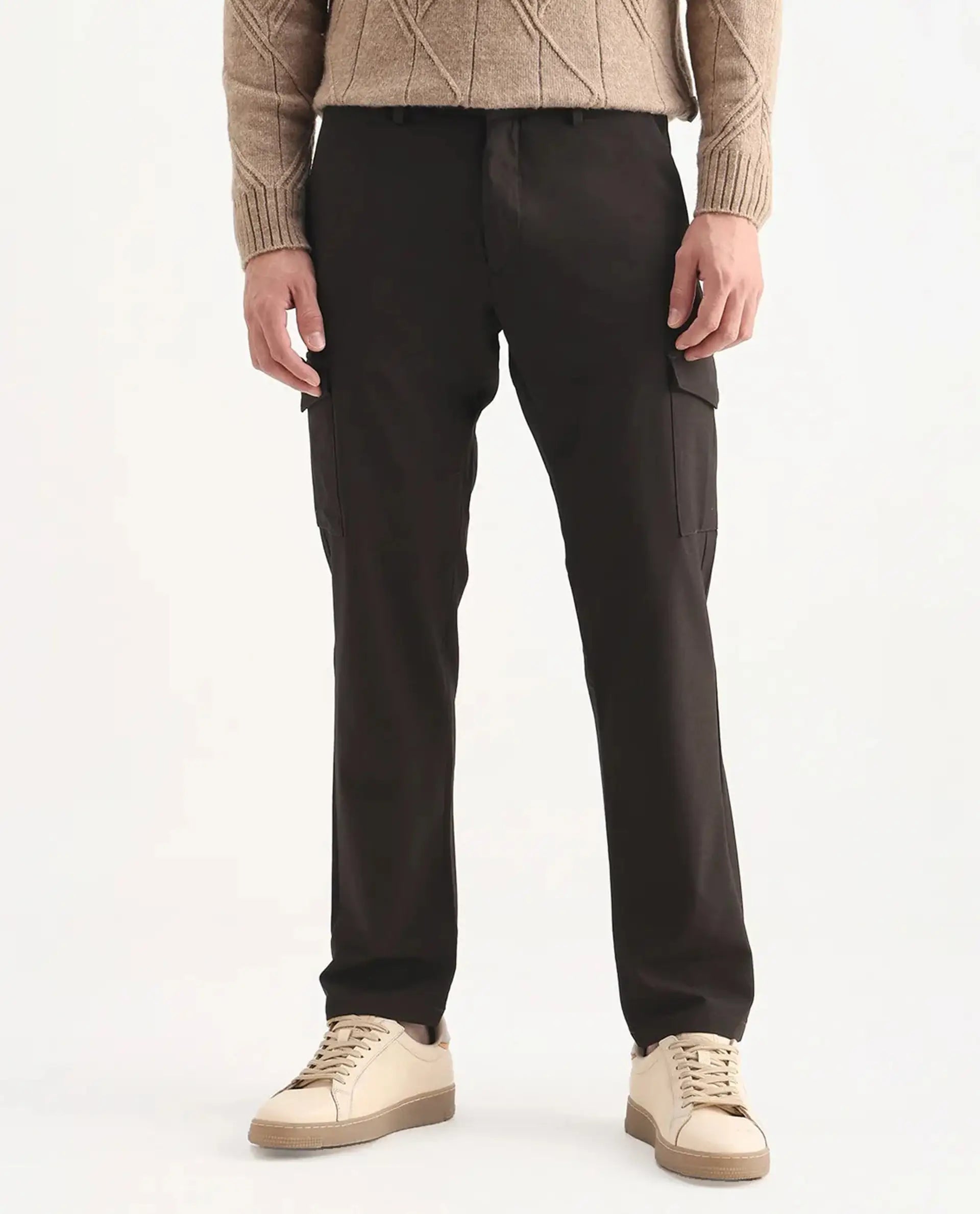 Rare Rabbit Men's Traco Dark Brown Cotton Plain Regular Fit Trouser